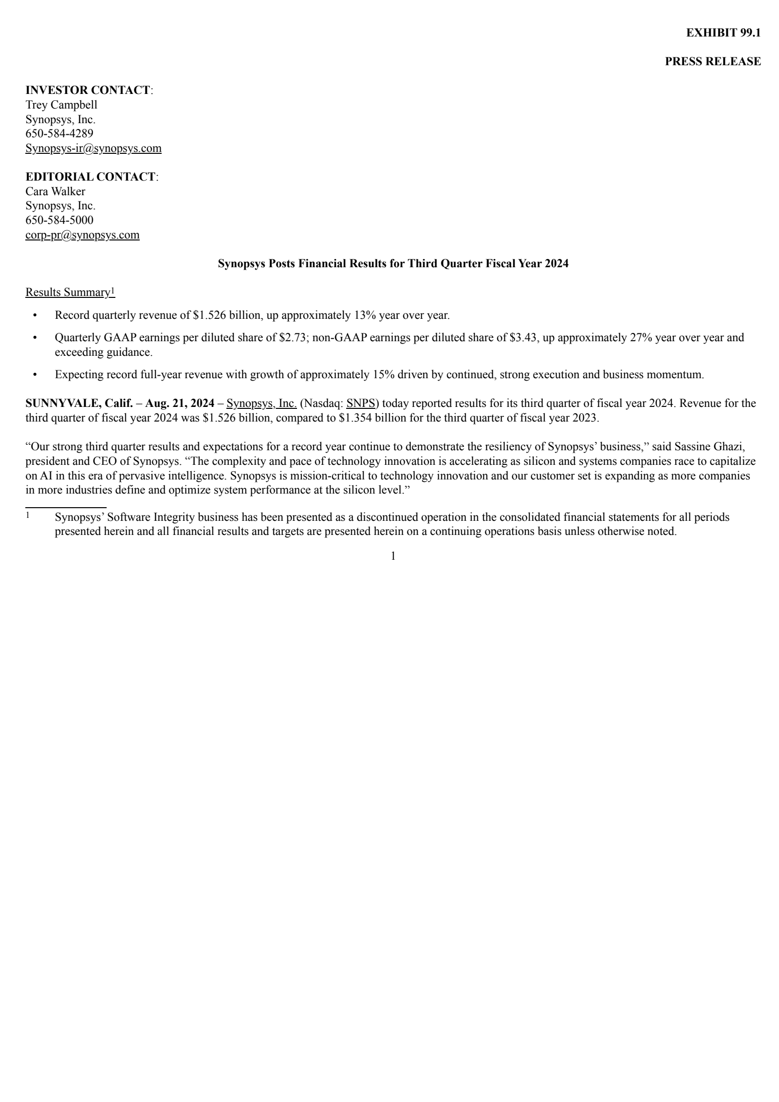 Synopsys' Q3 2024 Earnings Release