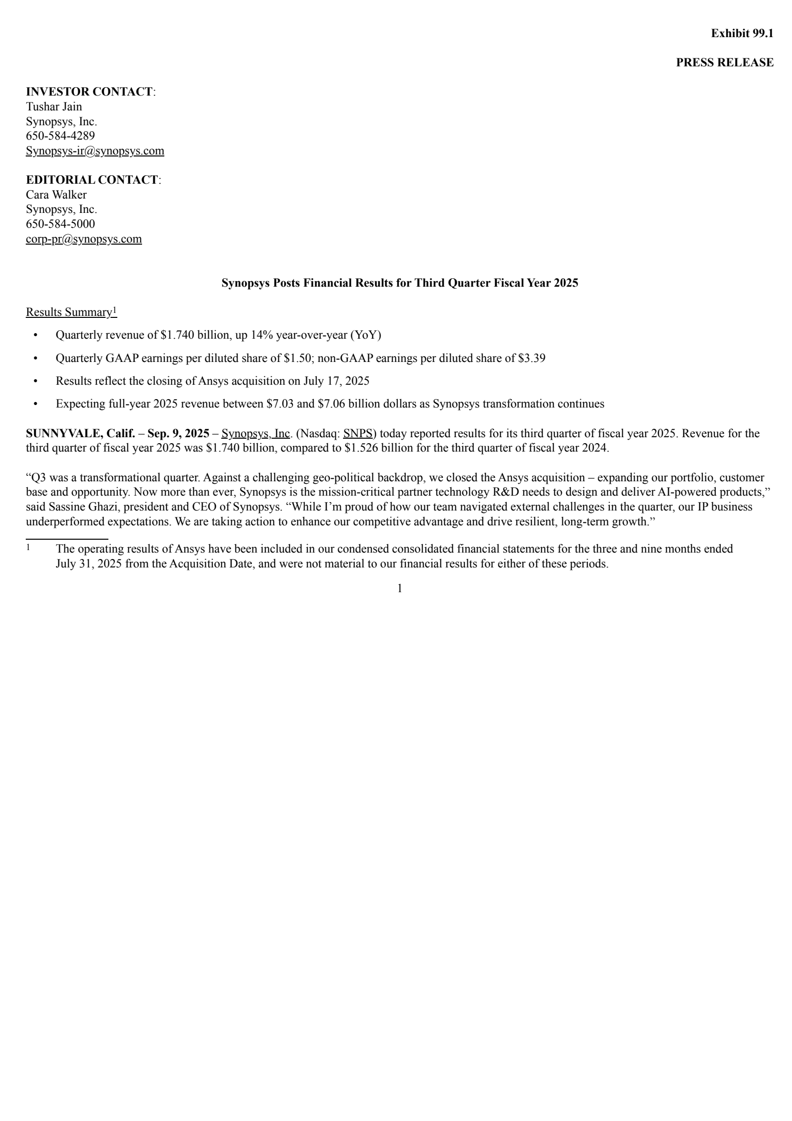 Synopsys' Q3 2025 Earnings Release
