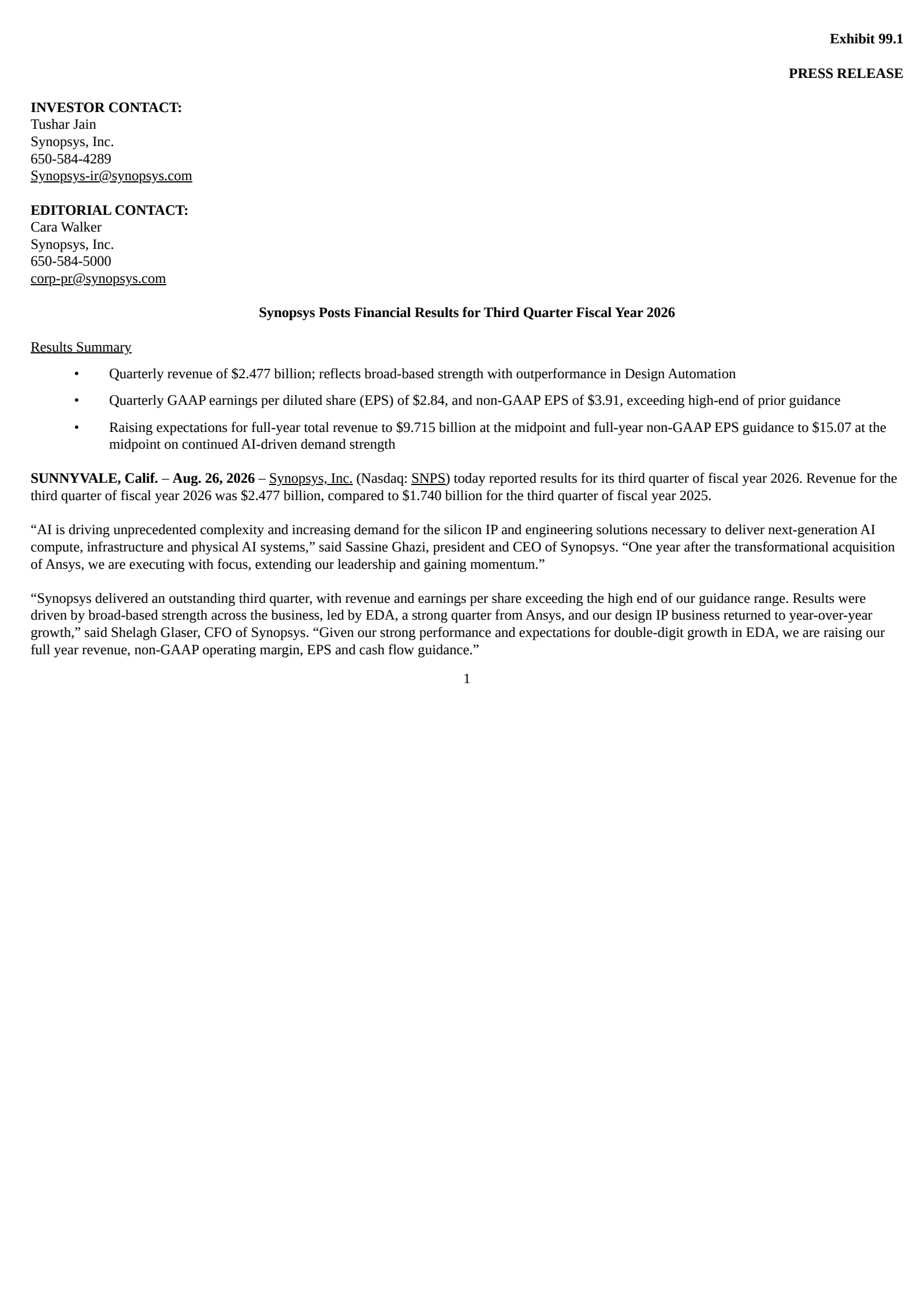 Synopsys' Q3 2026 Press Release