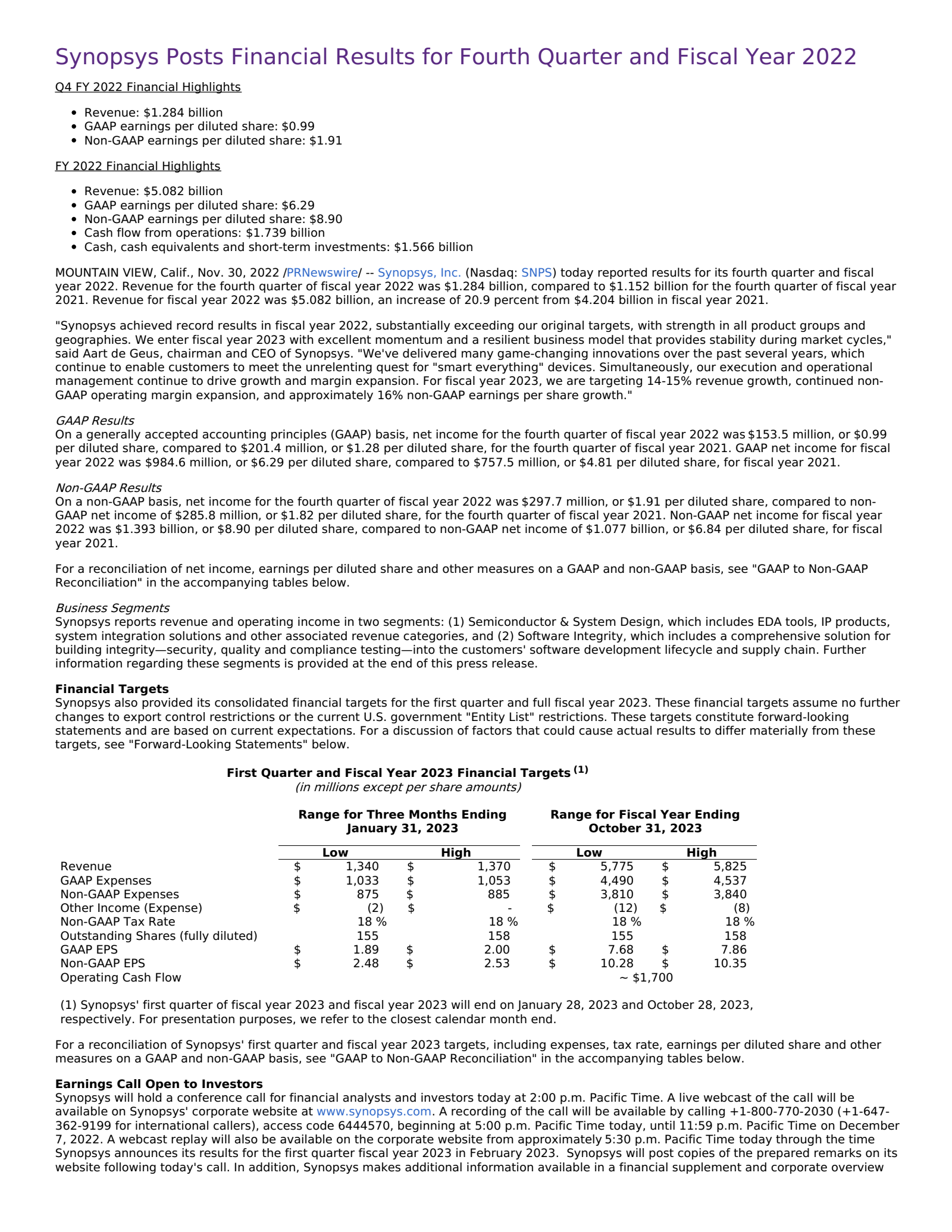 Synopsys' Q4 2022 Earnings Release