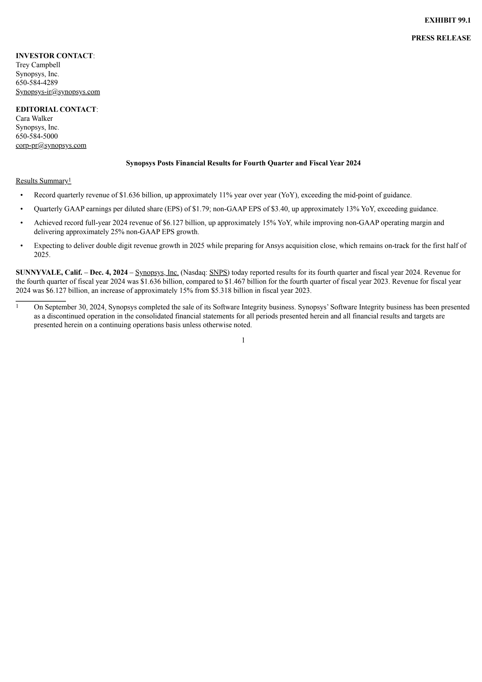Synopsys' Q4 2024 Earnings Release