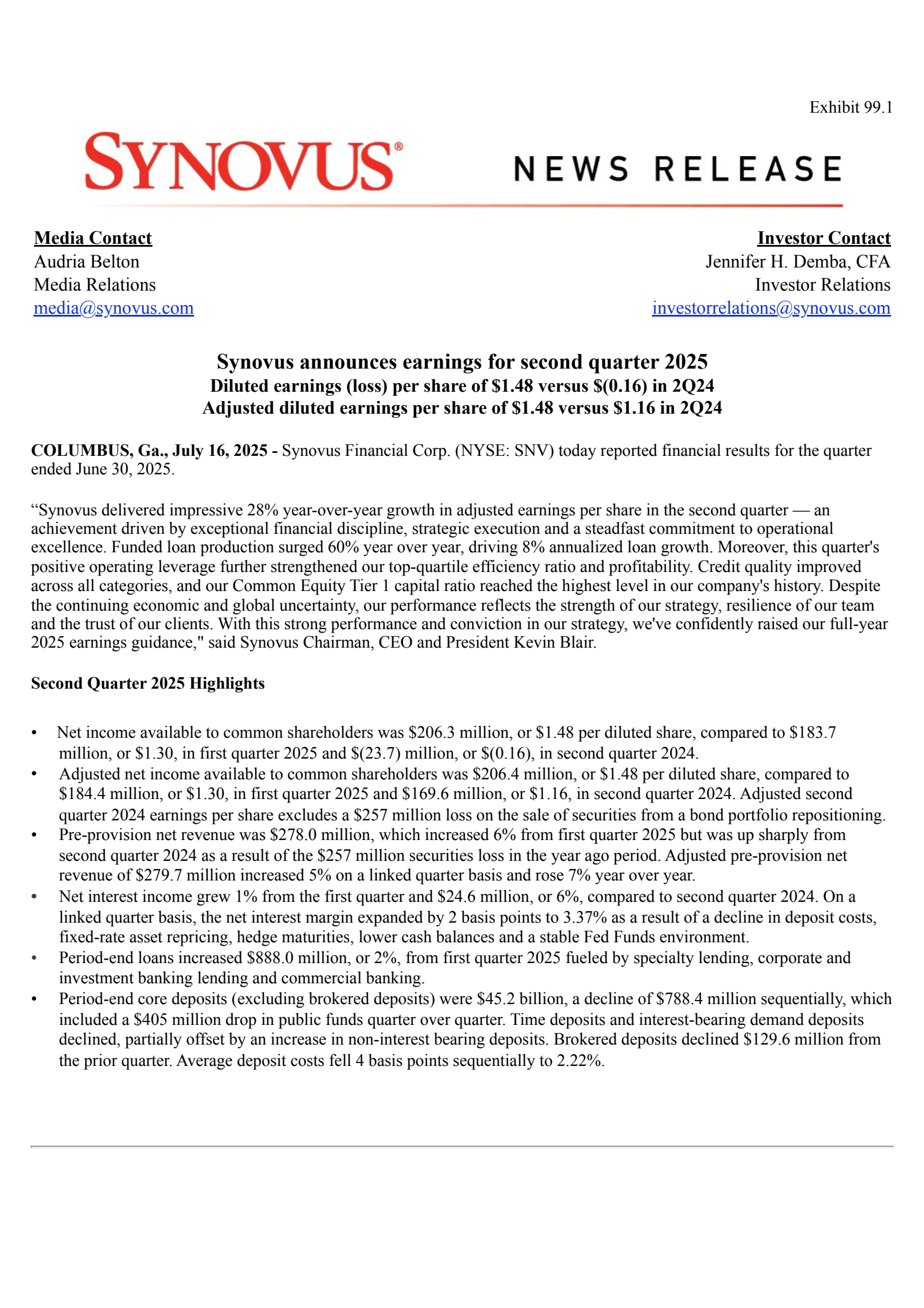 Synovus Financial's Q2 2025 Press Release
