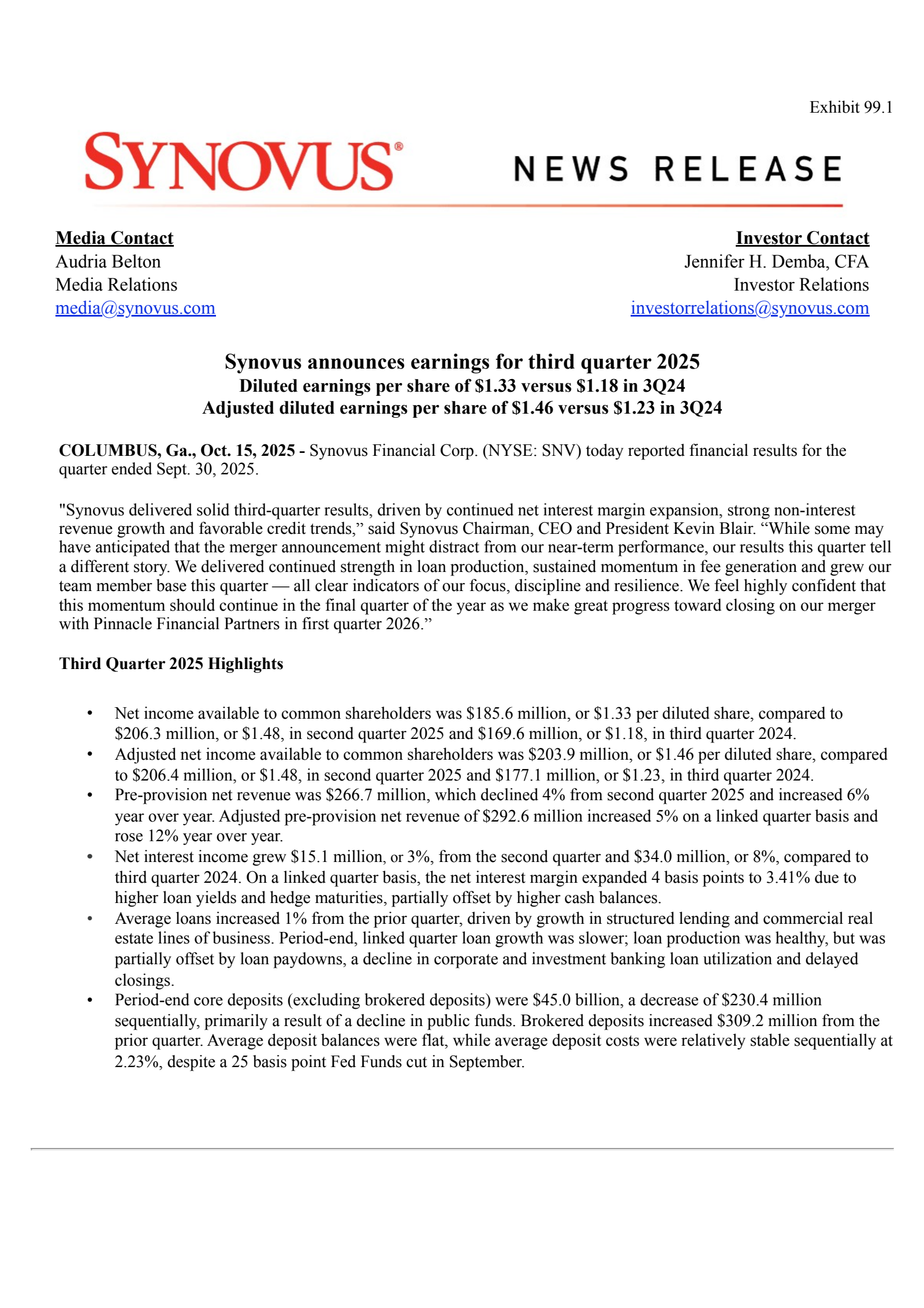 Synovus Financial's Q3 2025 Earnings Release