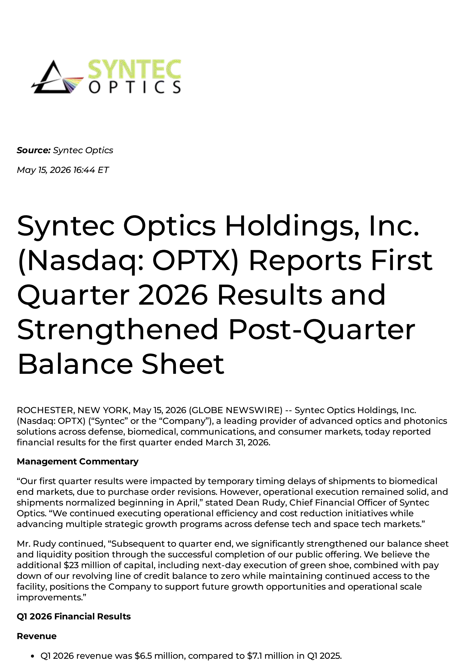 Syntec Optics' Q1 2026 Press Release
