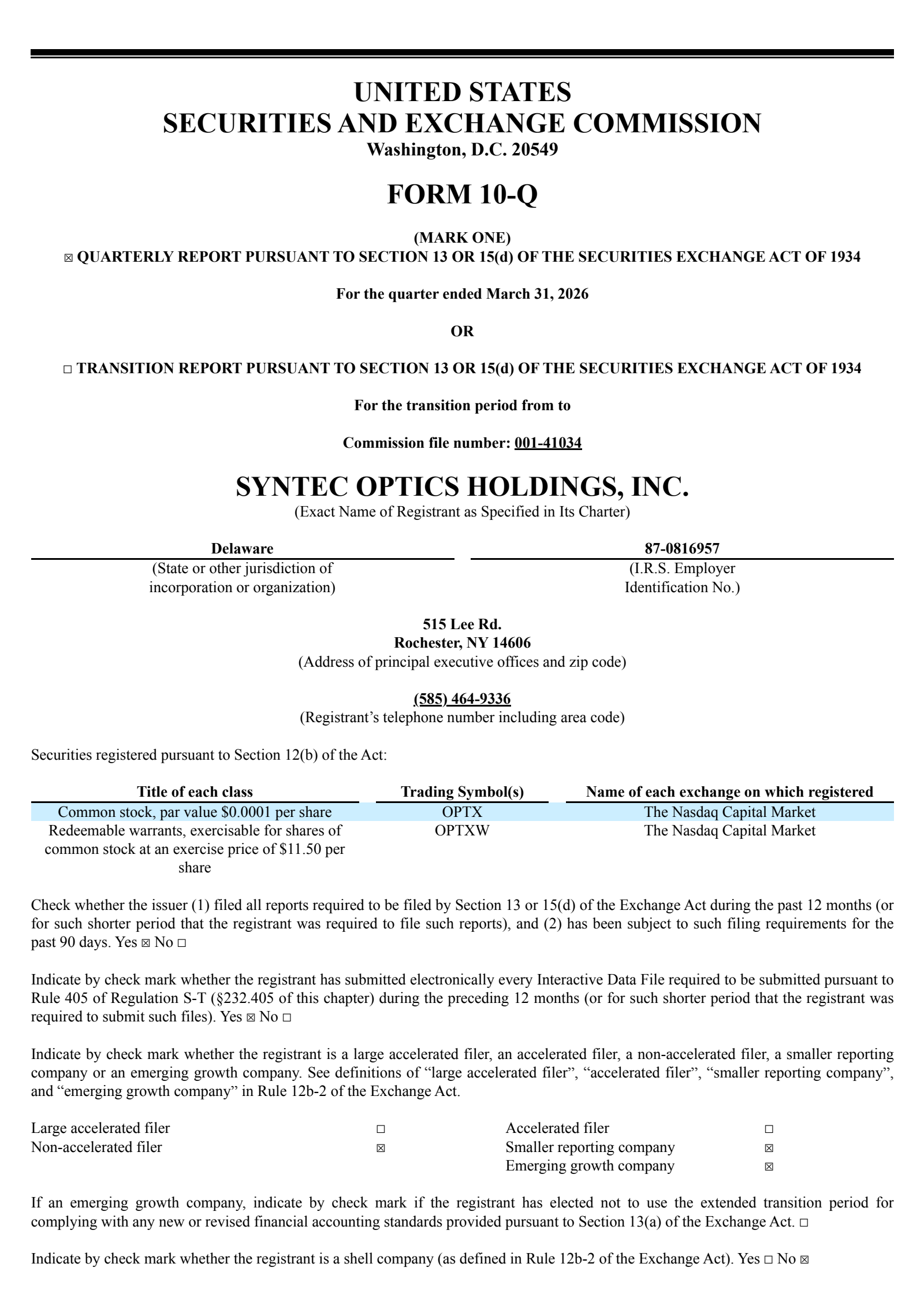Syntec Optics' Q1 2026 Quarterly report