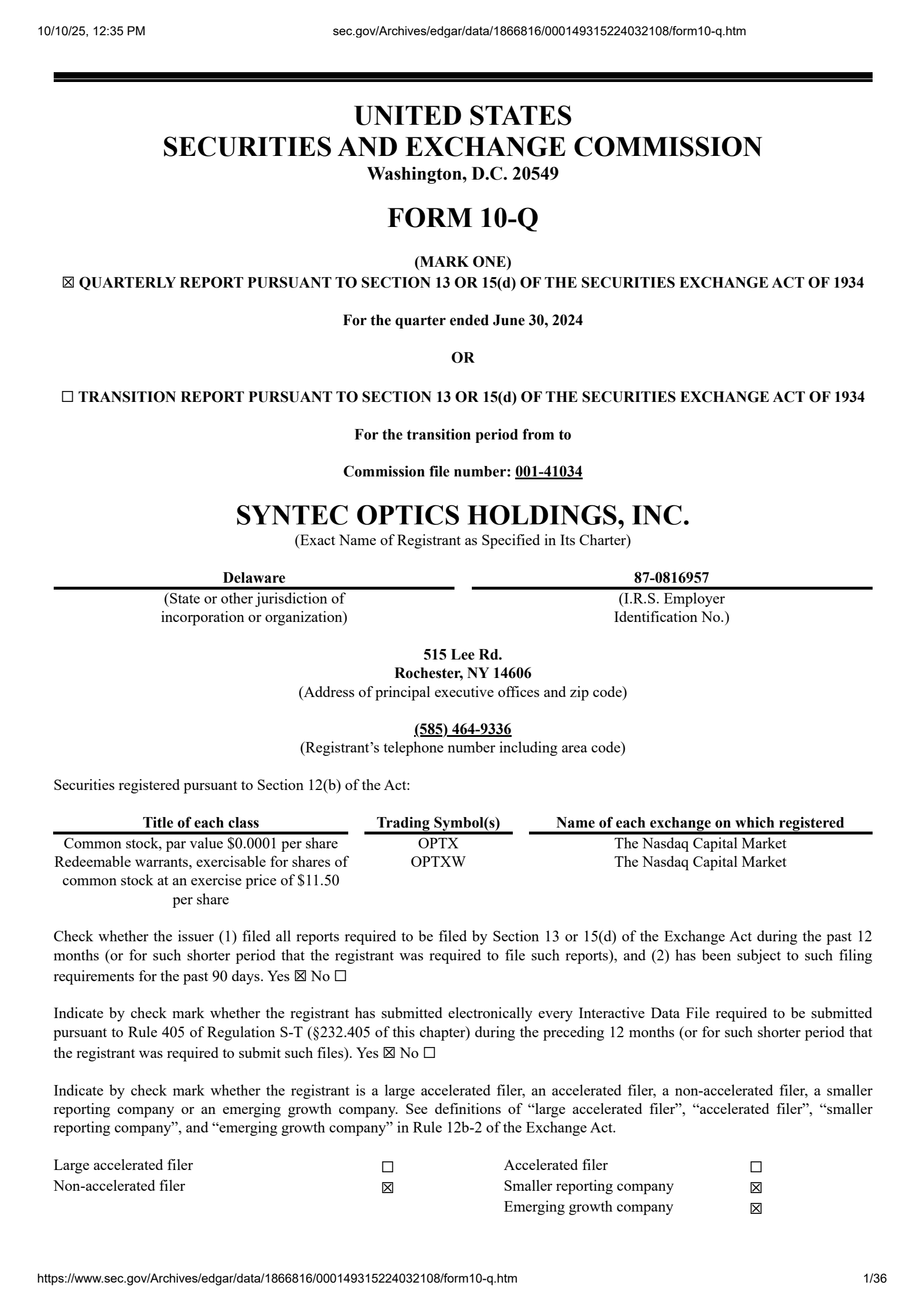 Syntec Optics' Q2 2024 Quarterly Report