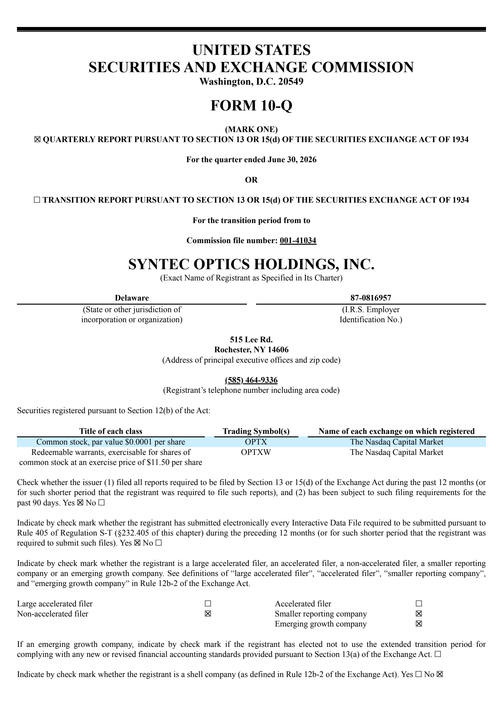 Syntec Optics' Q2 2026 Quarterly report