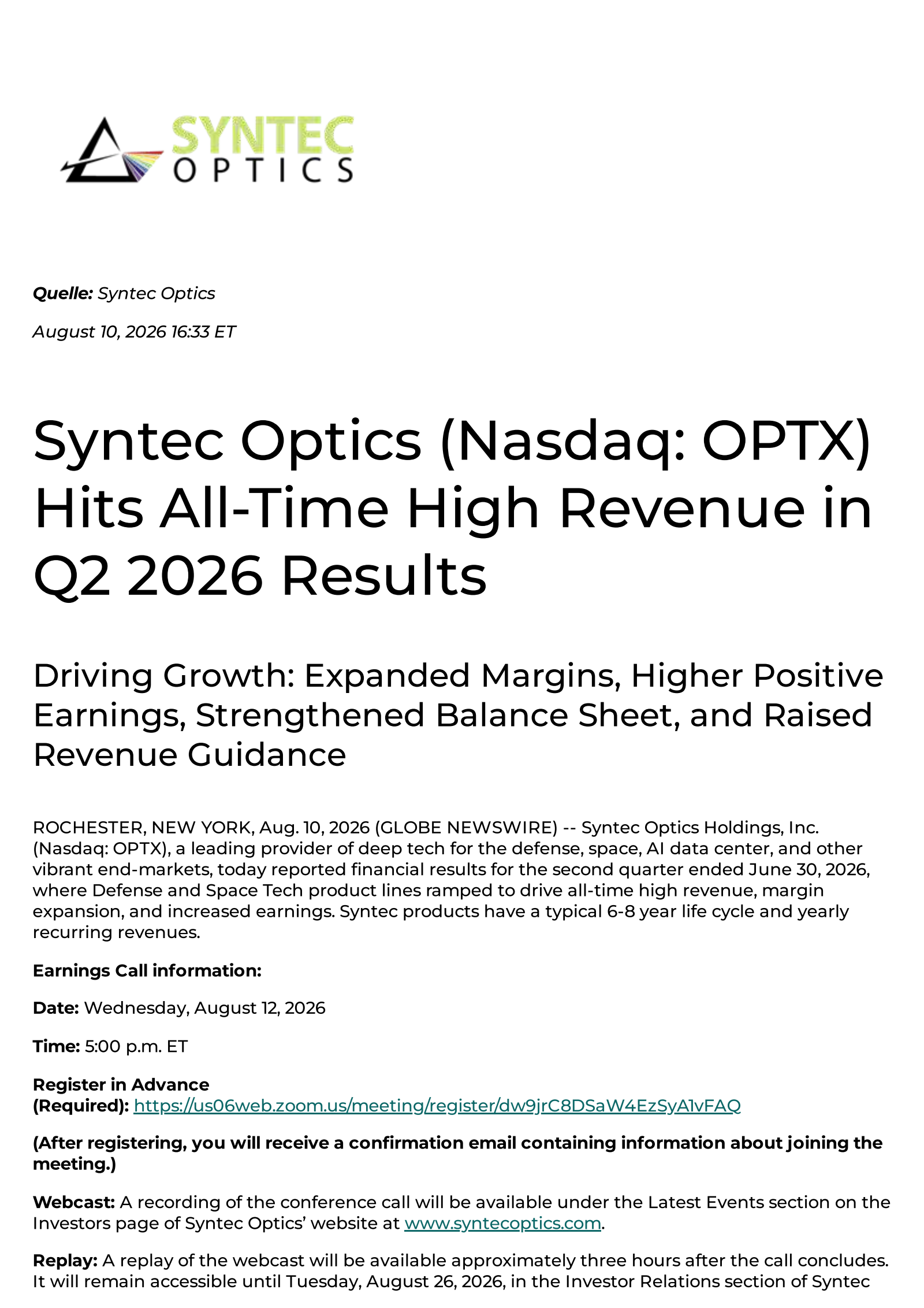Syntec Optics' Q2 2026 Press Release