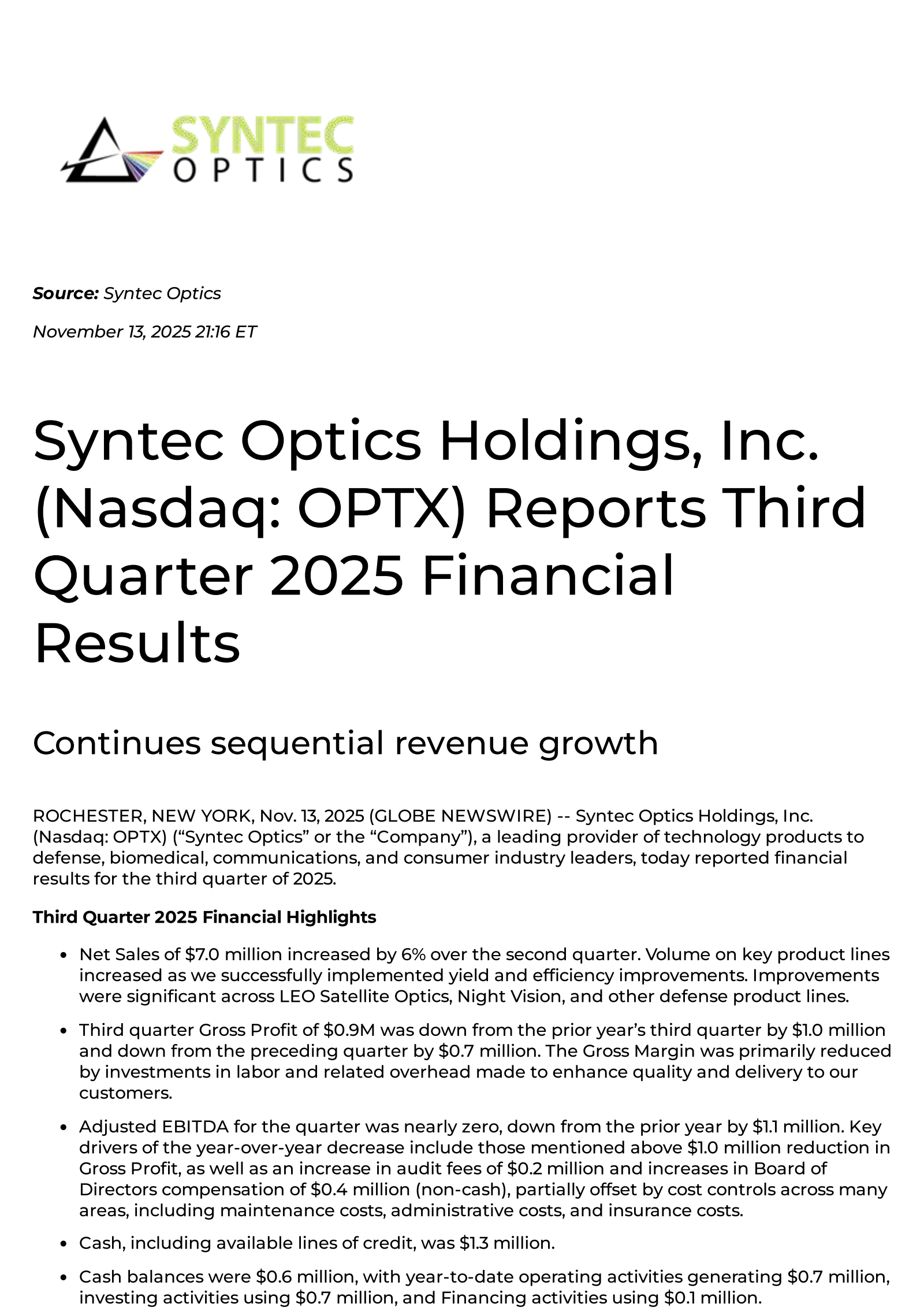 Syntec Optics' Q3 2025 Press Release