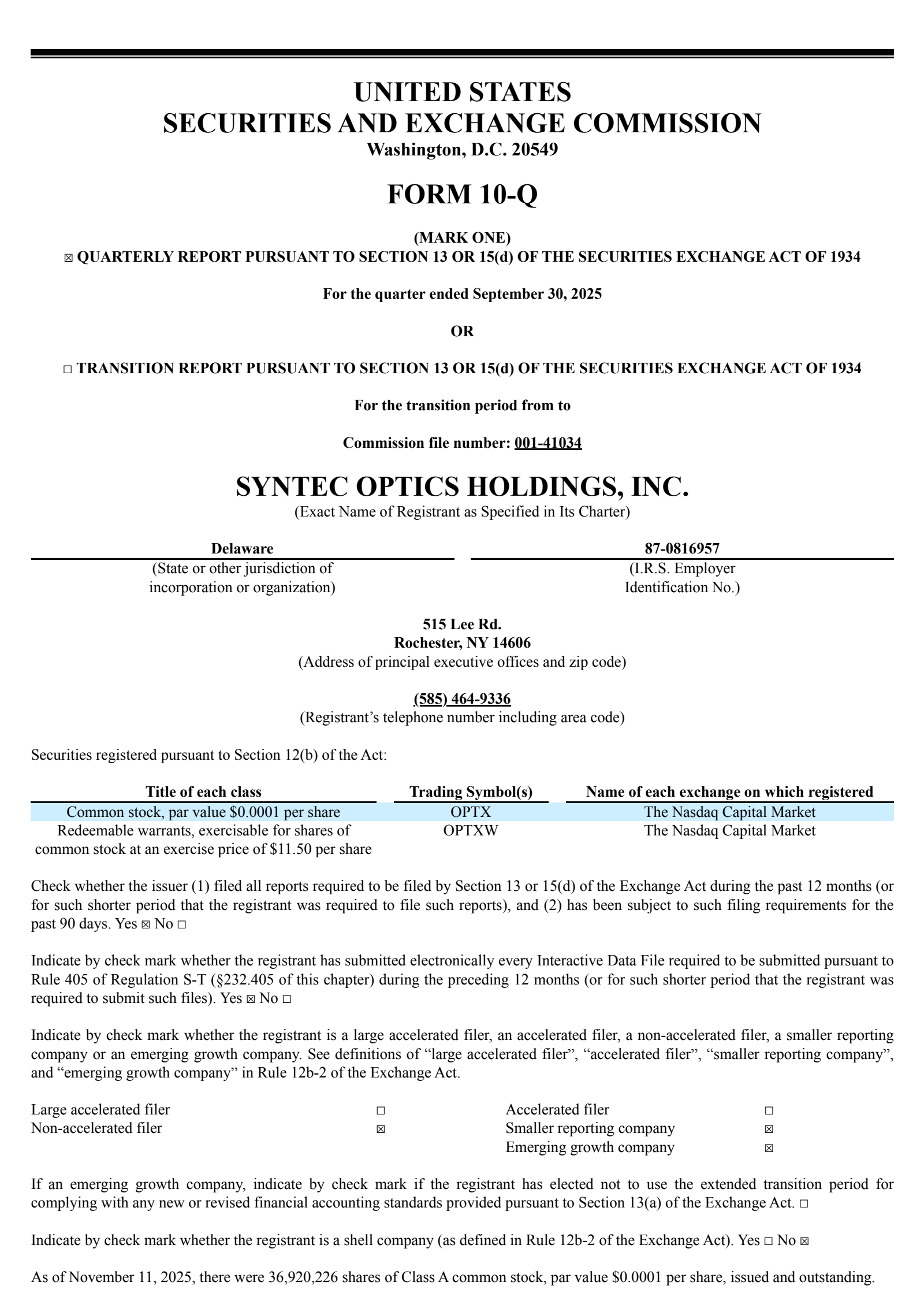 Syntec Optics' Q3 2025 Quarterly Report