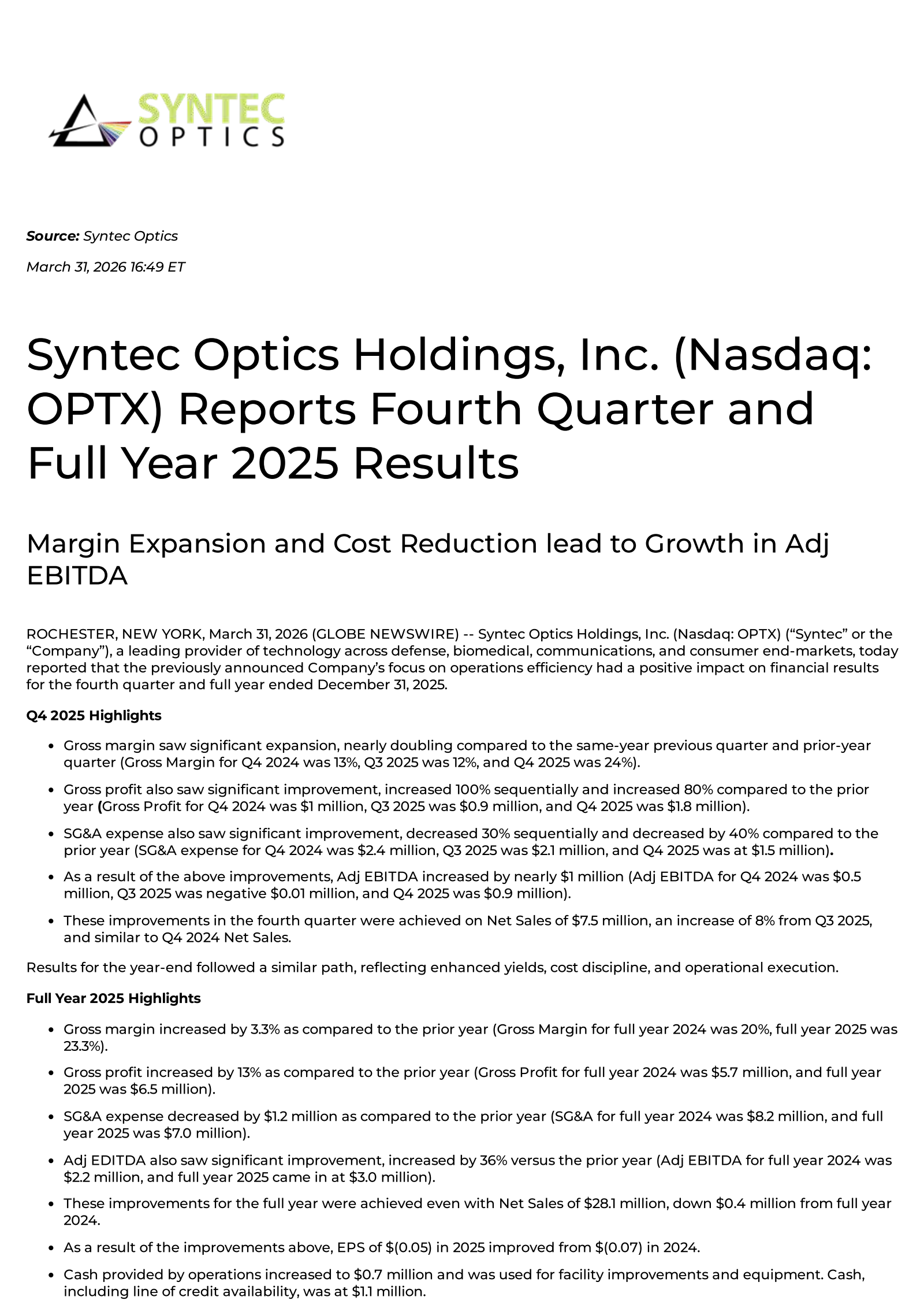 Syntec Optics' Q4 2025 Press Release