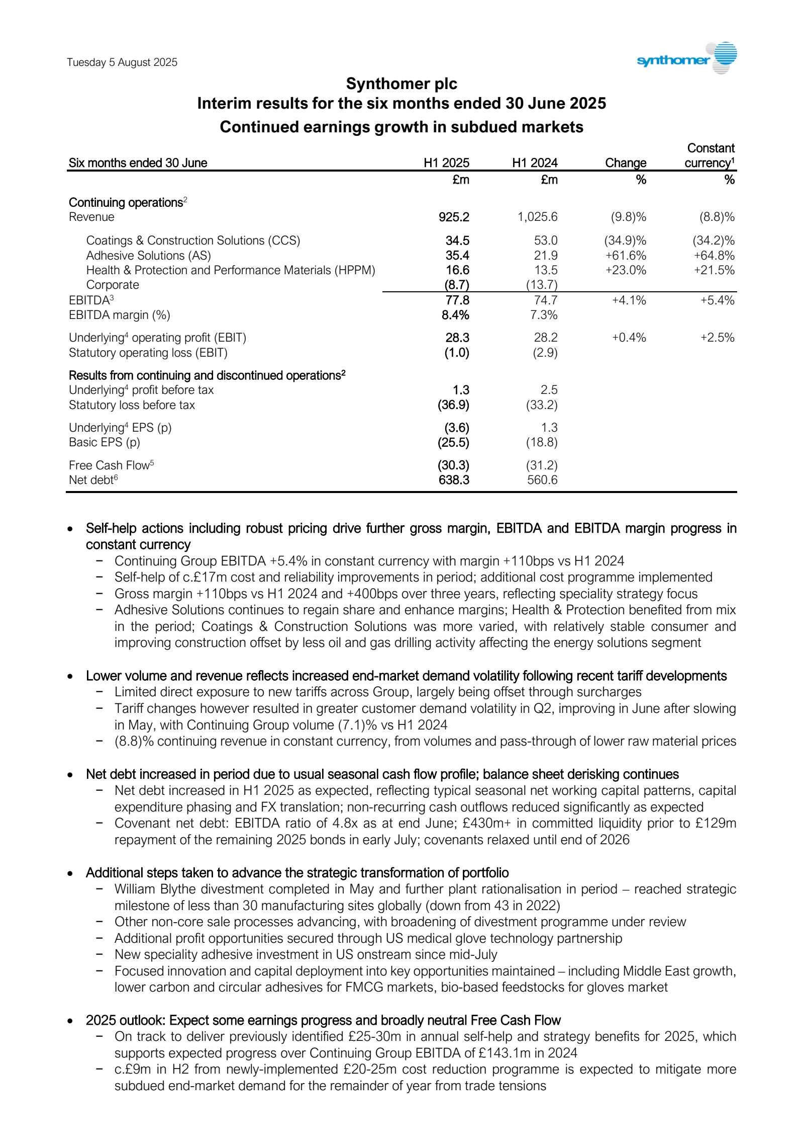 Synthomer's H1 2025 Interim report