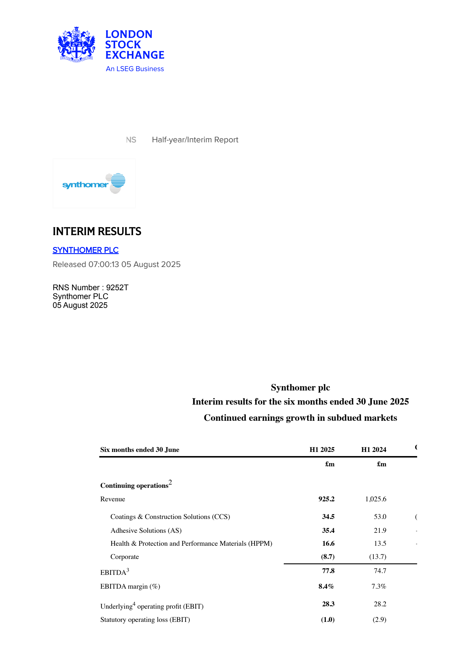 Synthomer's H1 2025 Interim report