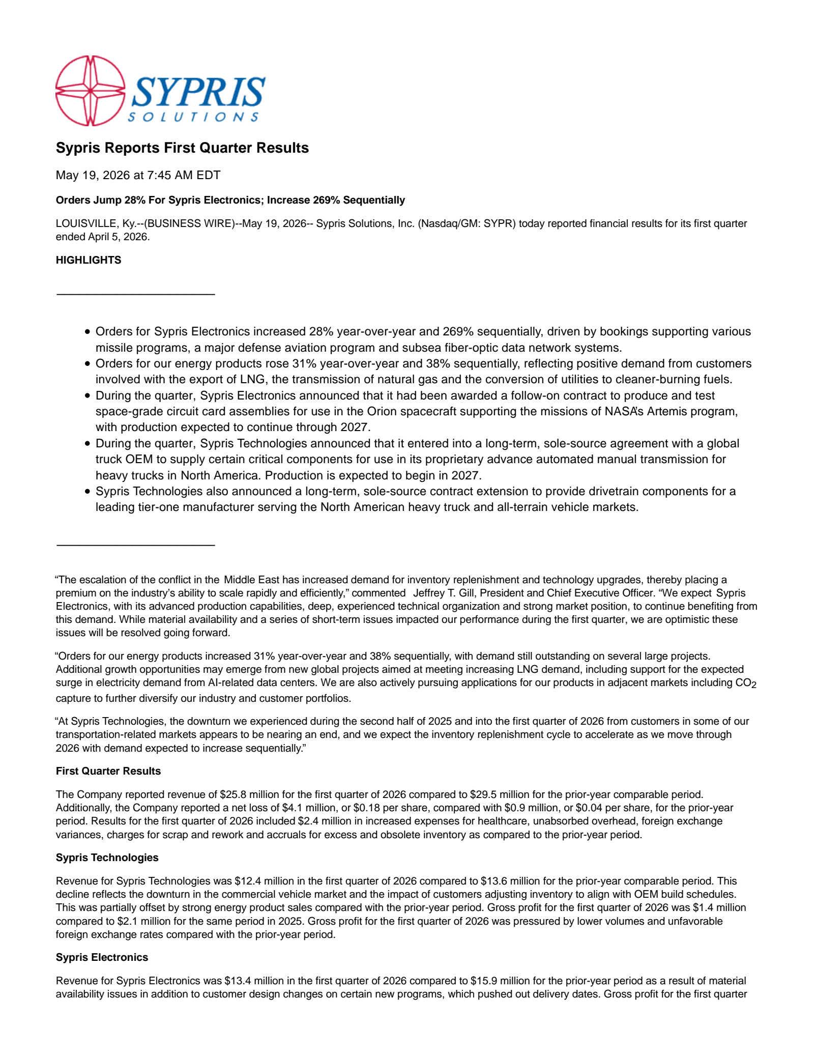 Sypris Solutions' Q1 2026 Press Release