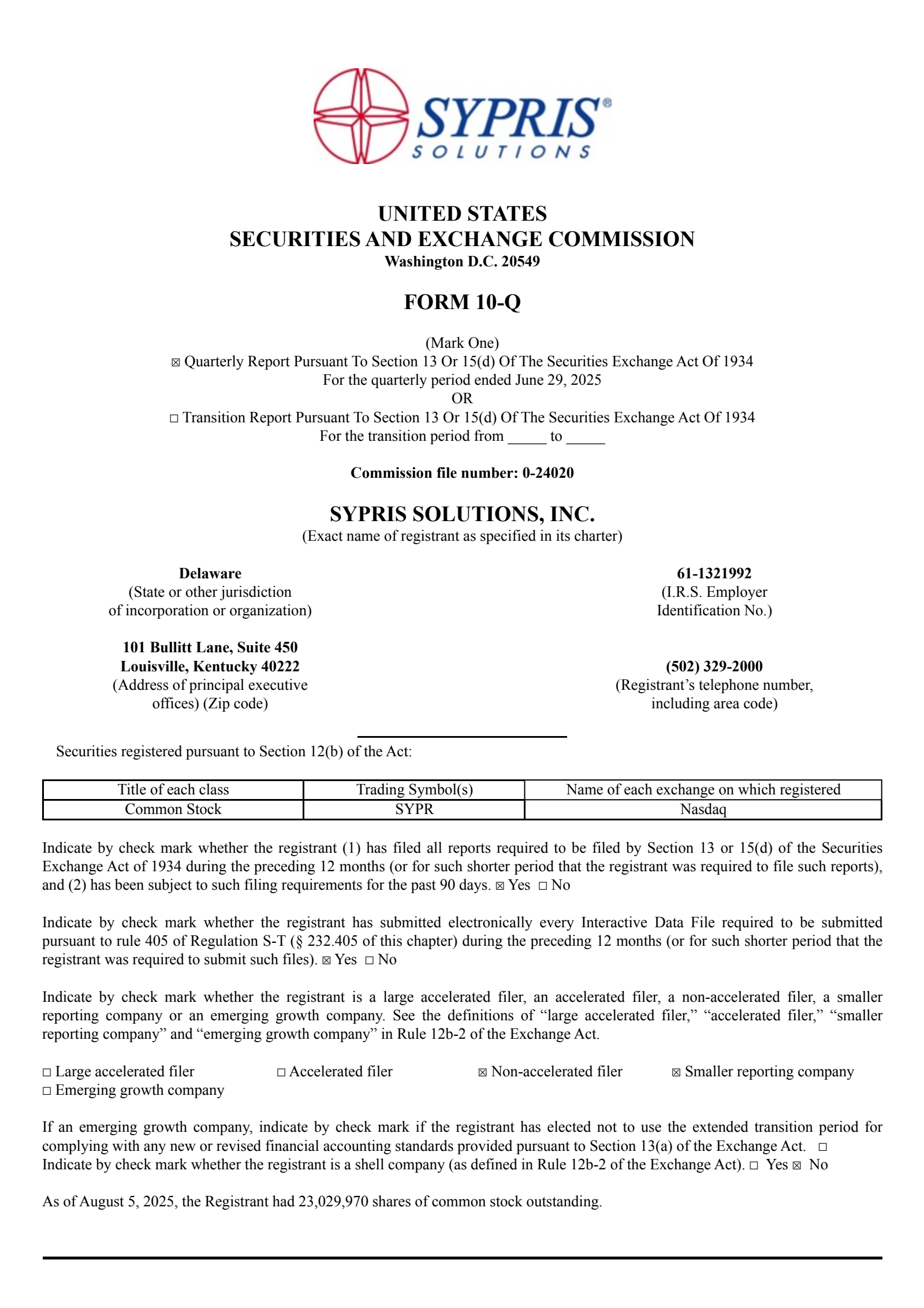 Sypris Solutions' Q2 2025 Quarterly report
