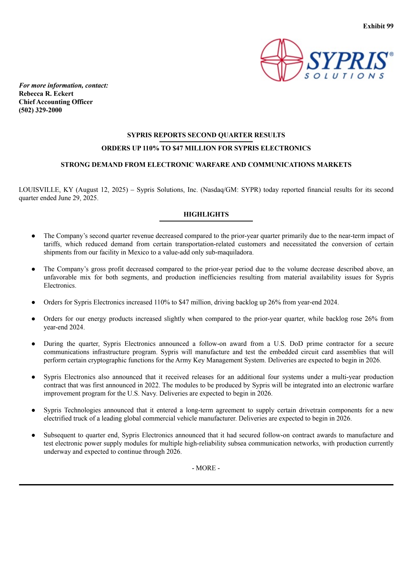 Sypris Solutions' Q2 2025 Press Release