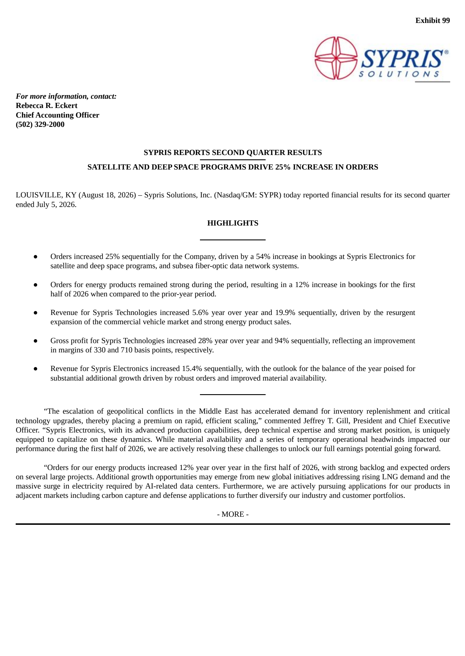 Sypris Solutions' Q2 2026 Press Release