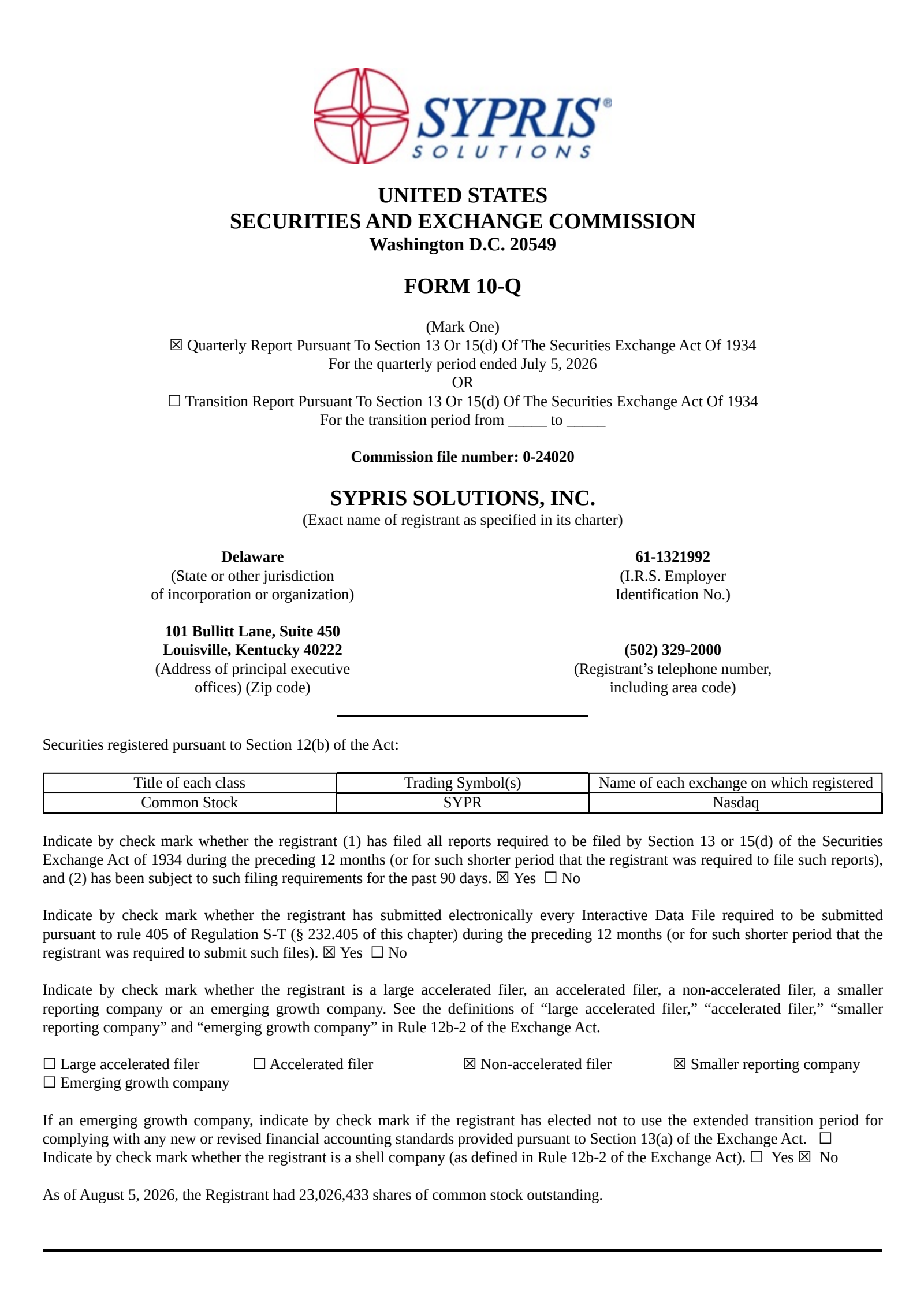 Sypris Solutions' Q2 2026 Quarterly report