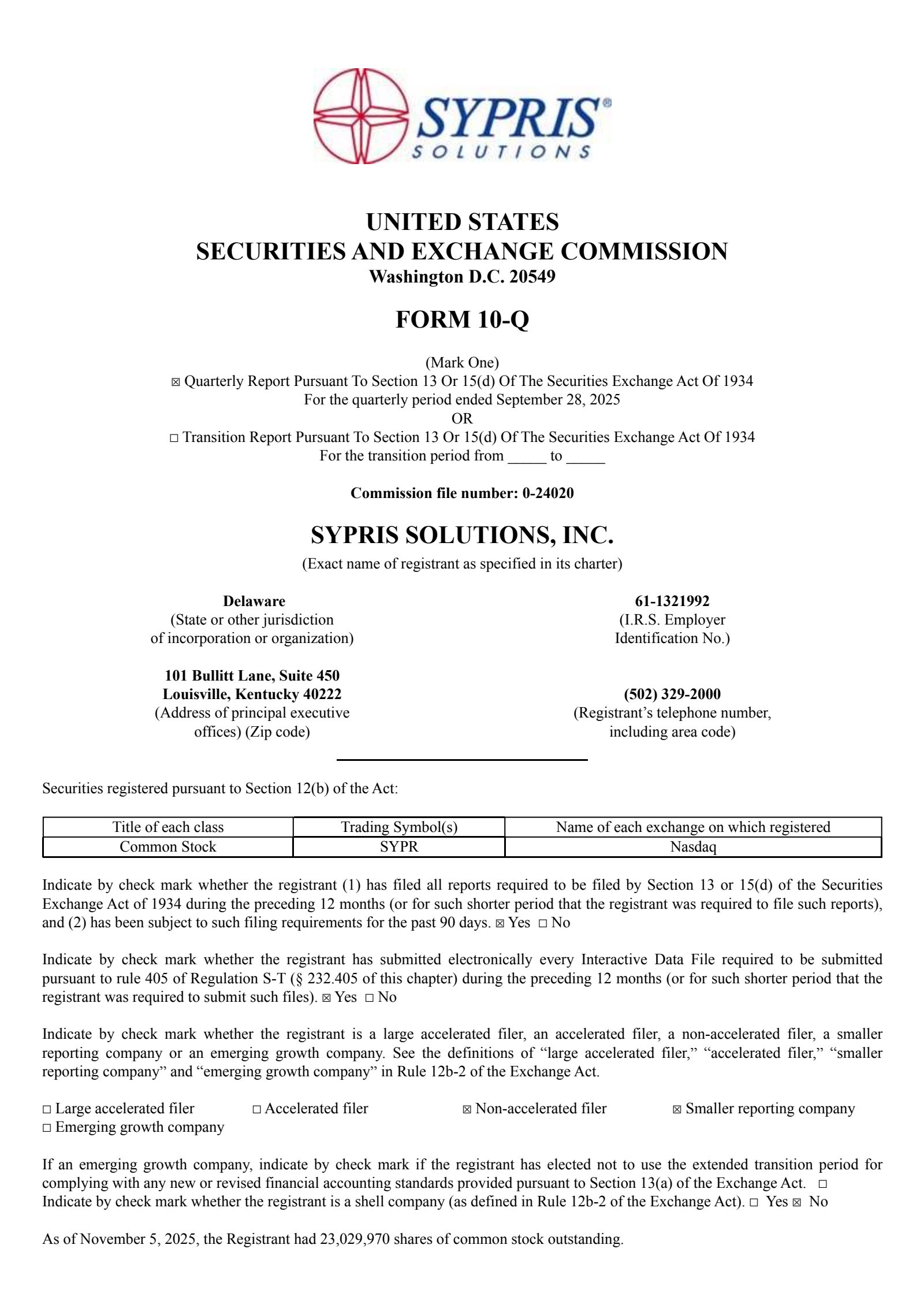 Sypris Solutions' Q3 2026 Quarterly Report