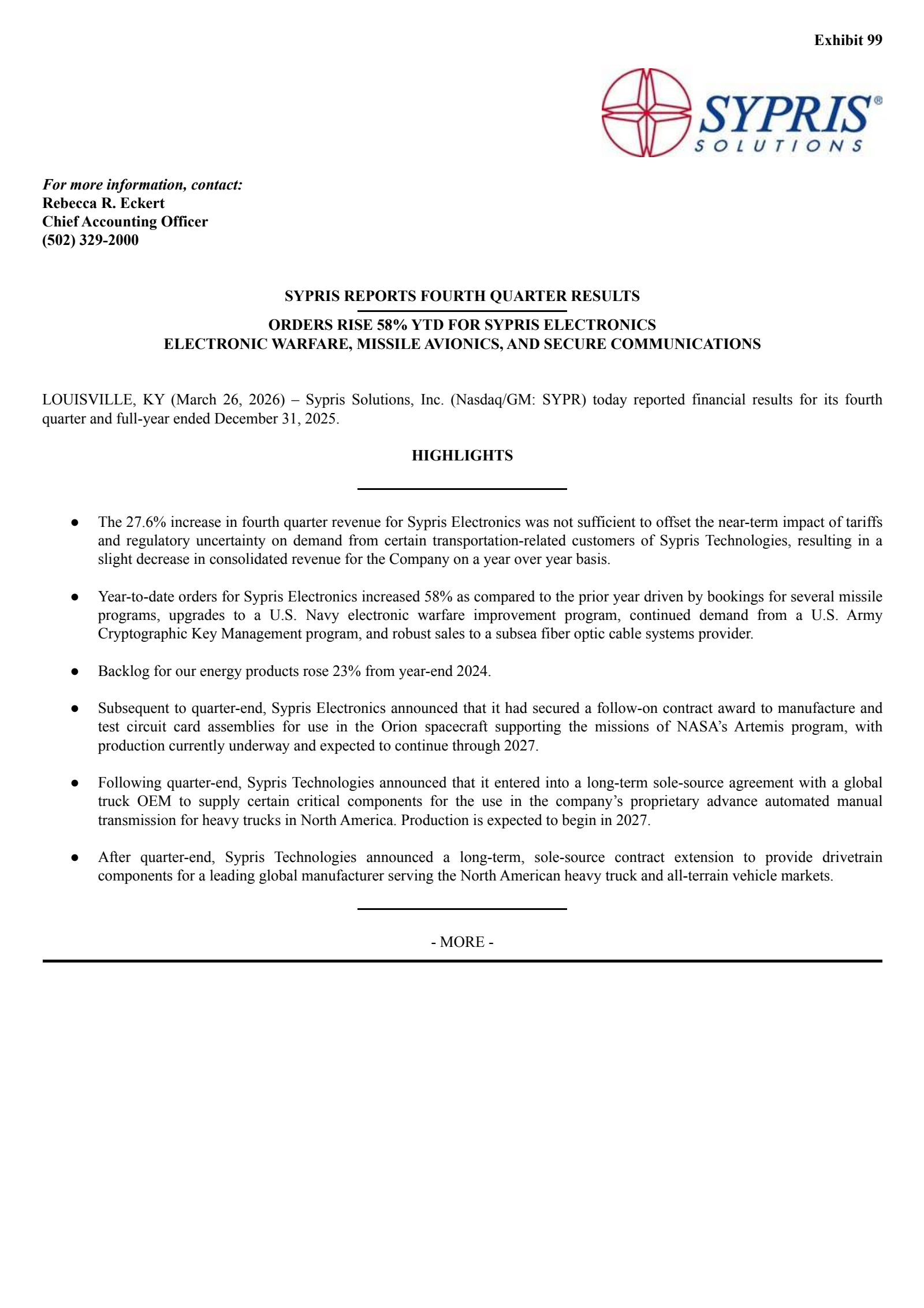 Sypris Solutions' Q4 2025 Press Release