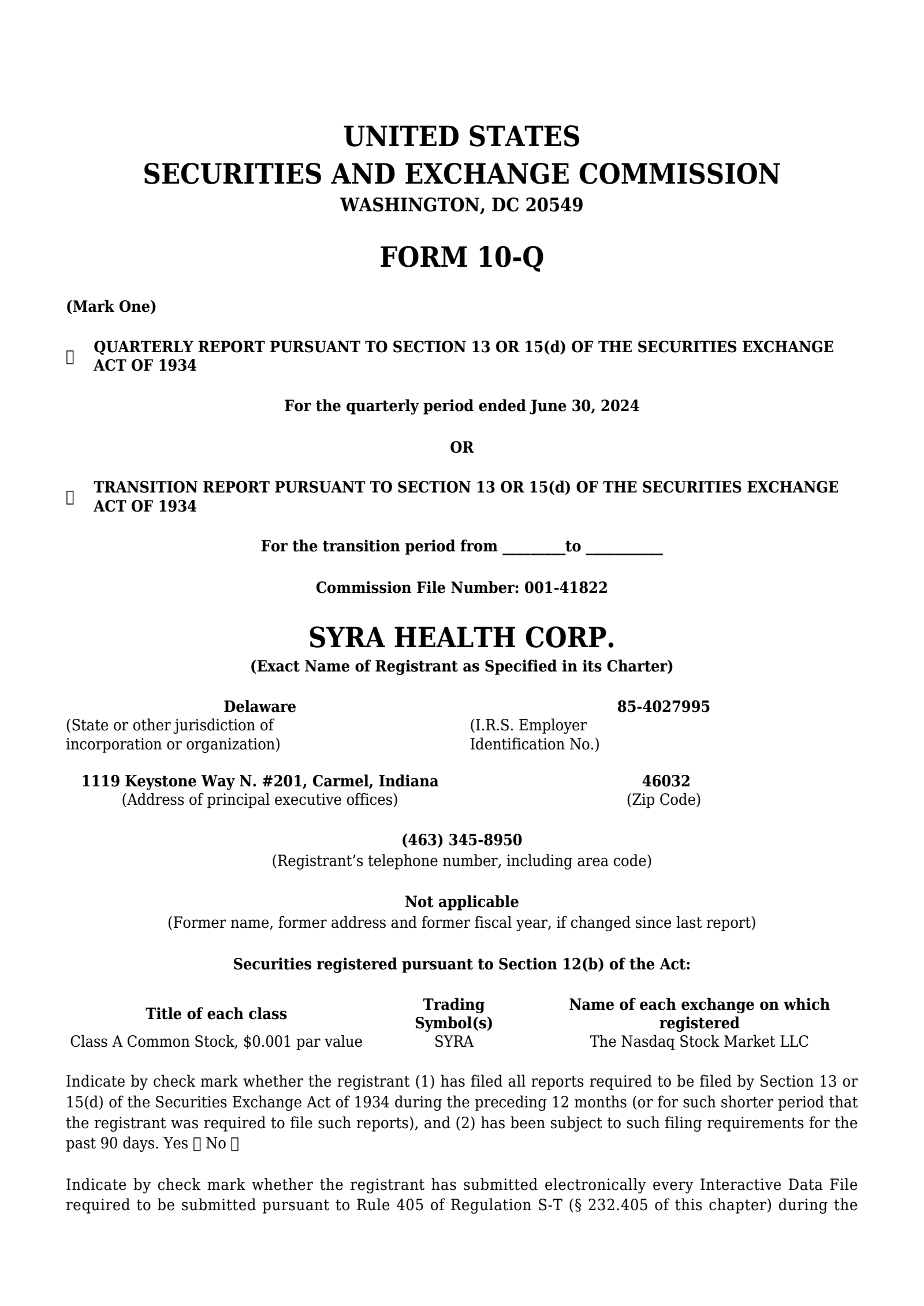 SYRA Q2 2024 Earnings Report on 8/8/2024