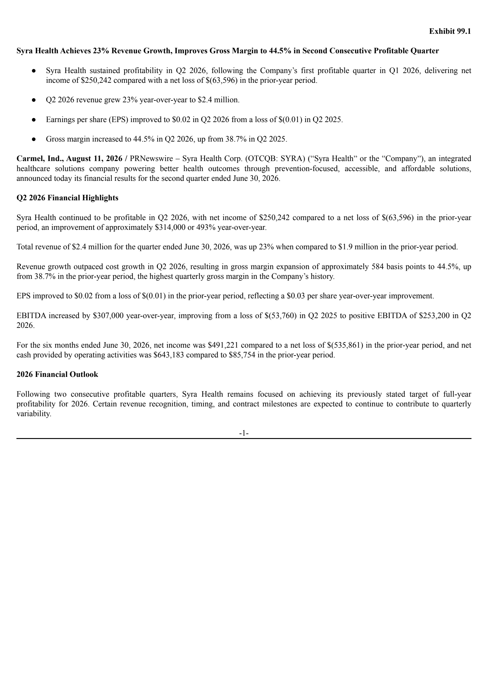 Syra Health's Q2 2026 Press Release