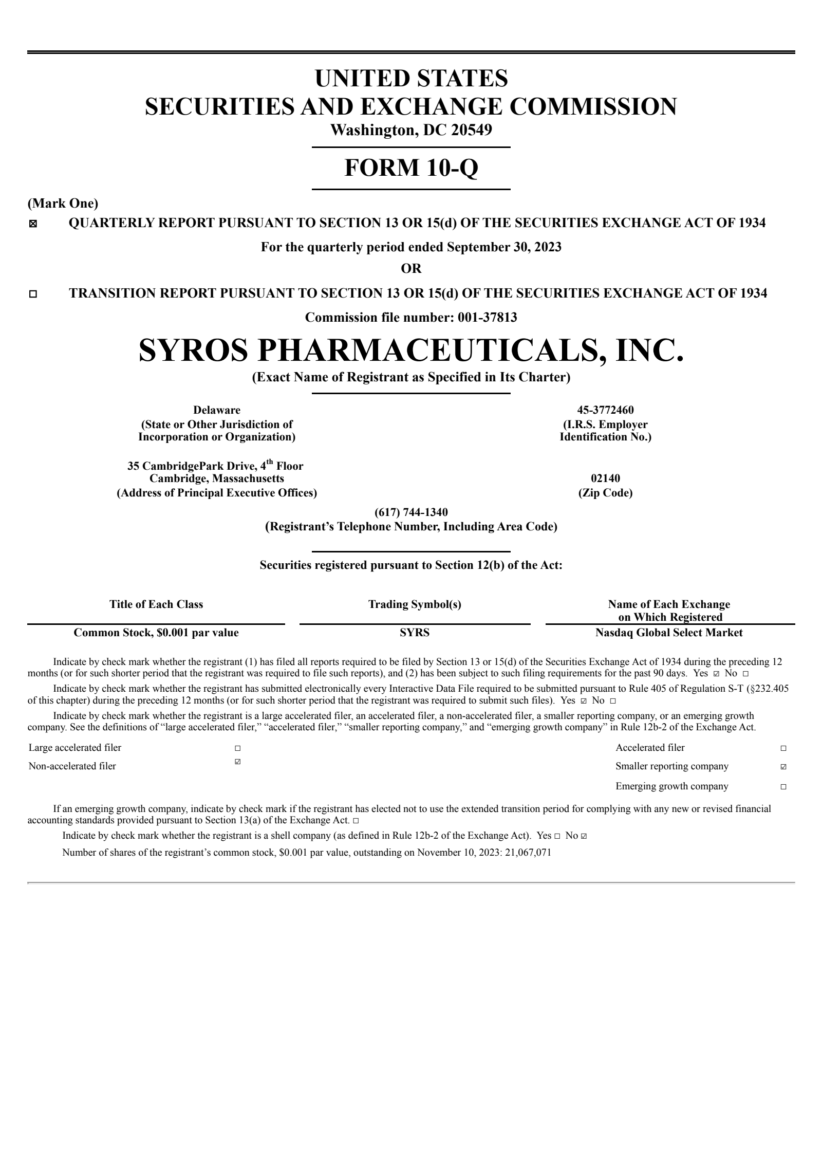 Syros Pharmaceuticals' Q3 2023 Quarterly report