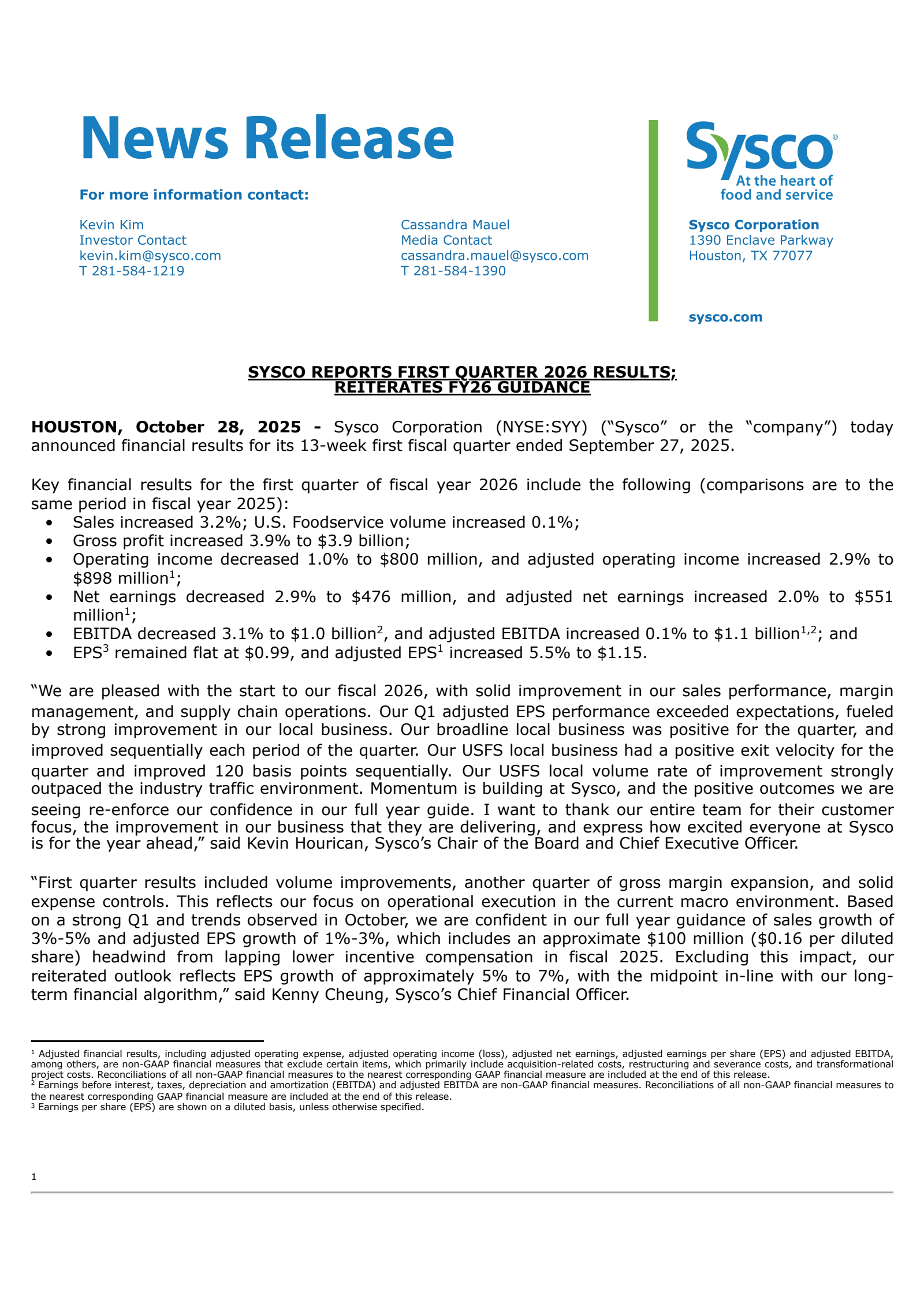 Sysco's Q1 2026 Earnings Release