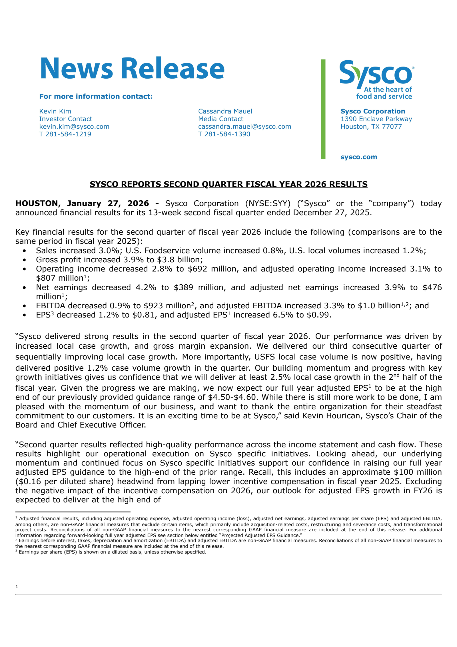 Sysco's Q2 2026 Press Release