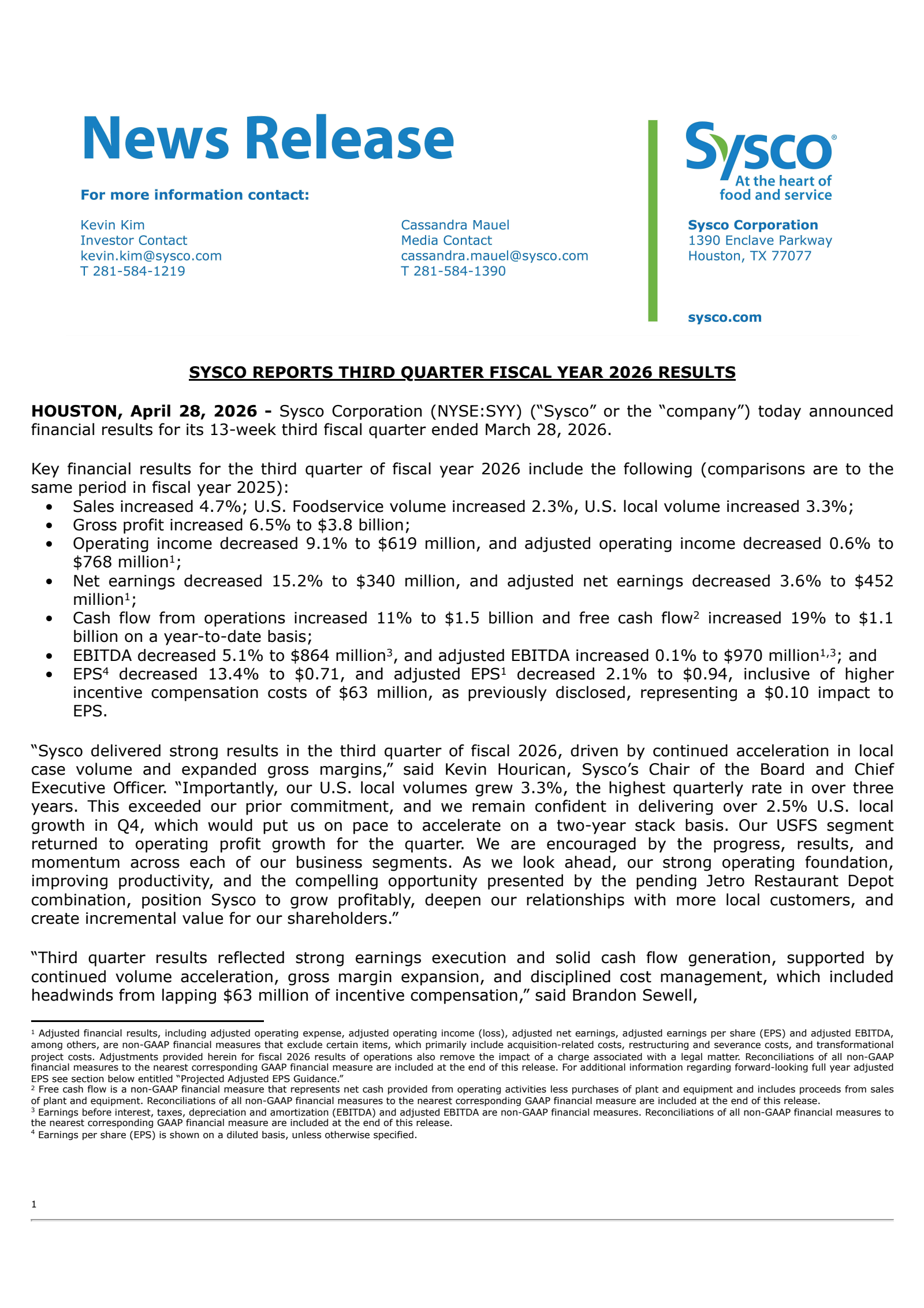 Sysco's Q3 2026 Press Release