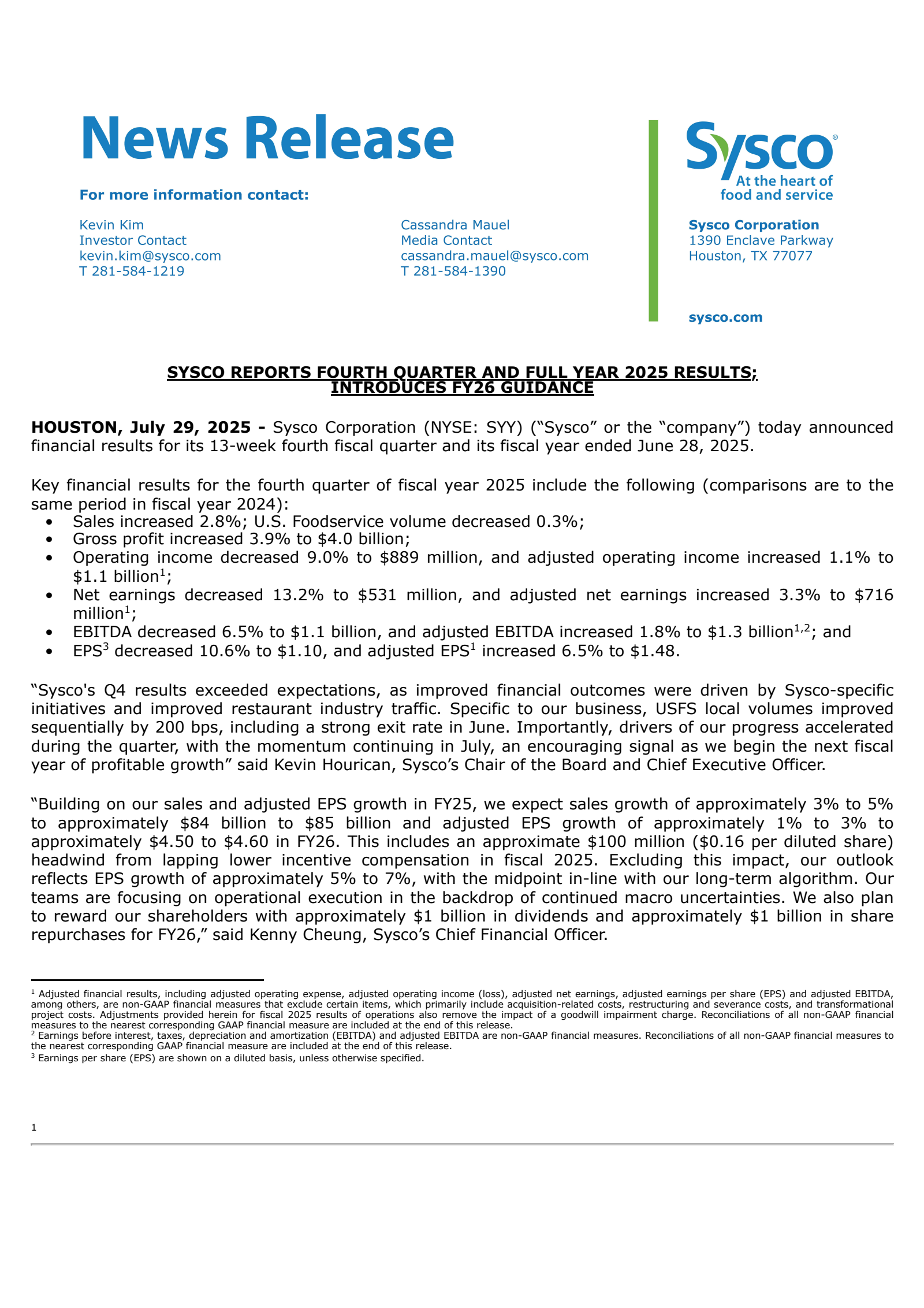 Sysco's Q4 2025 Press Release