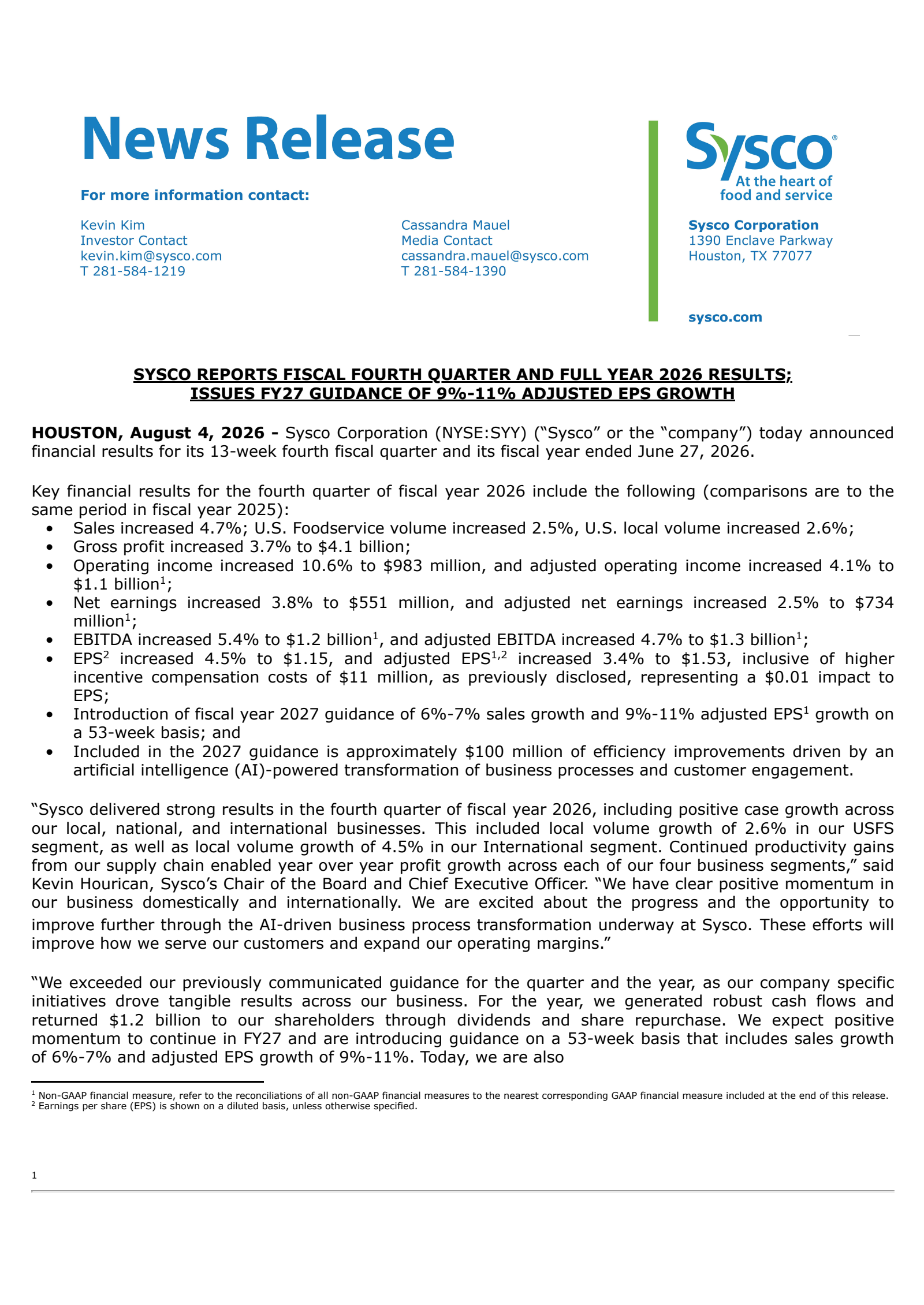 Sysco's Q4 2026 Press Release