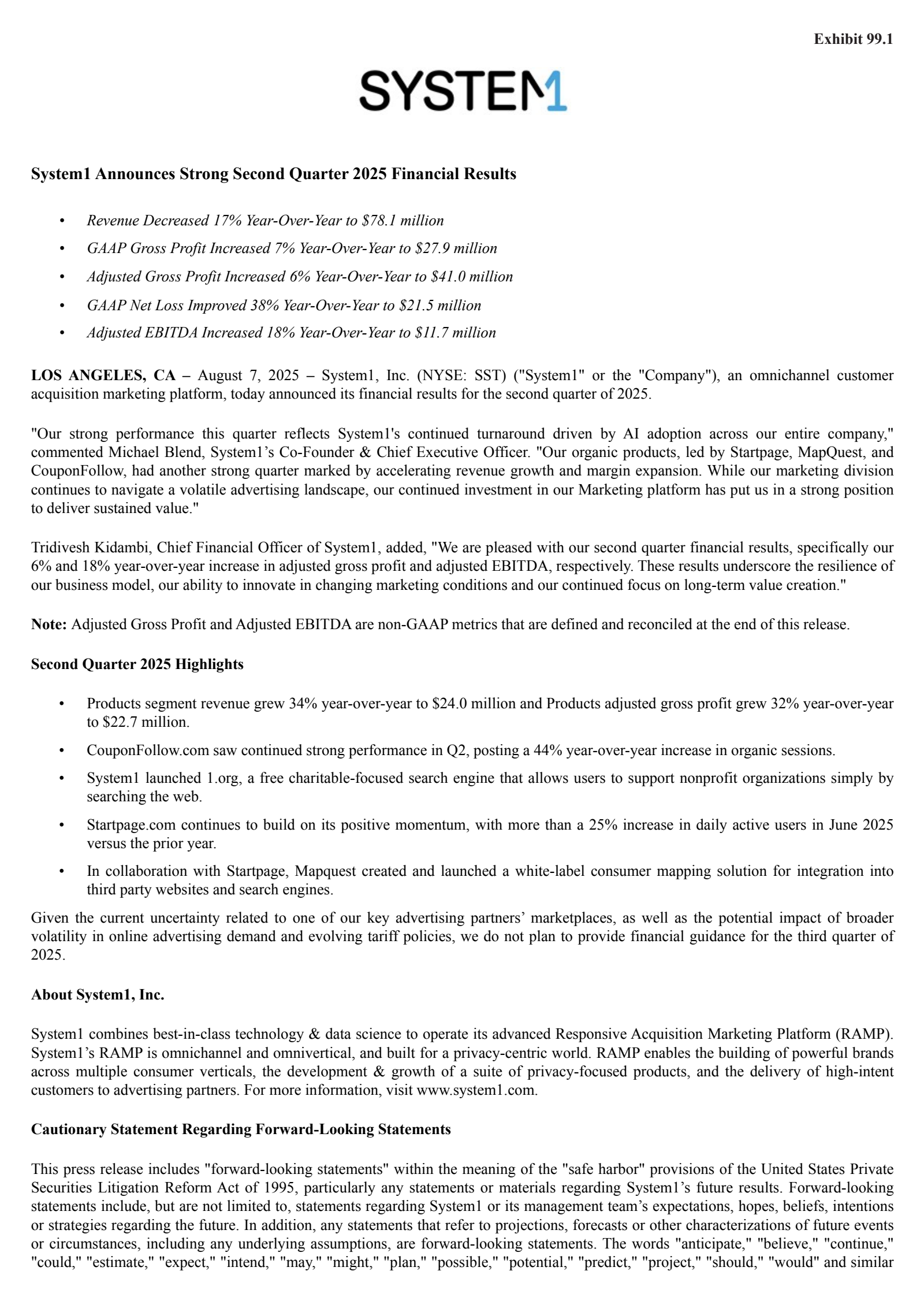 System1's Q2 2025 Press Release