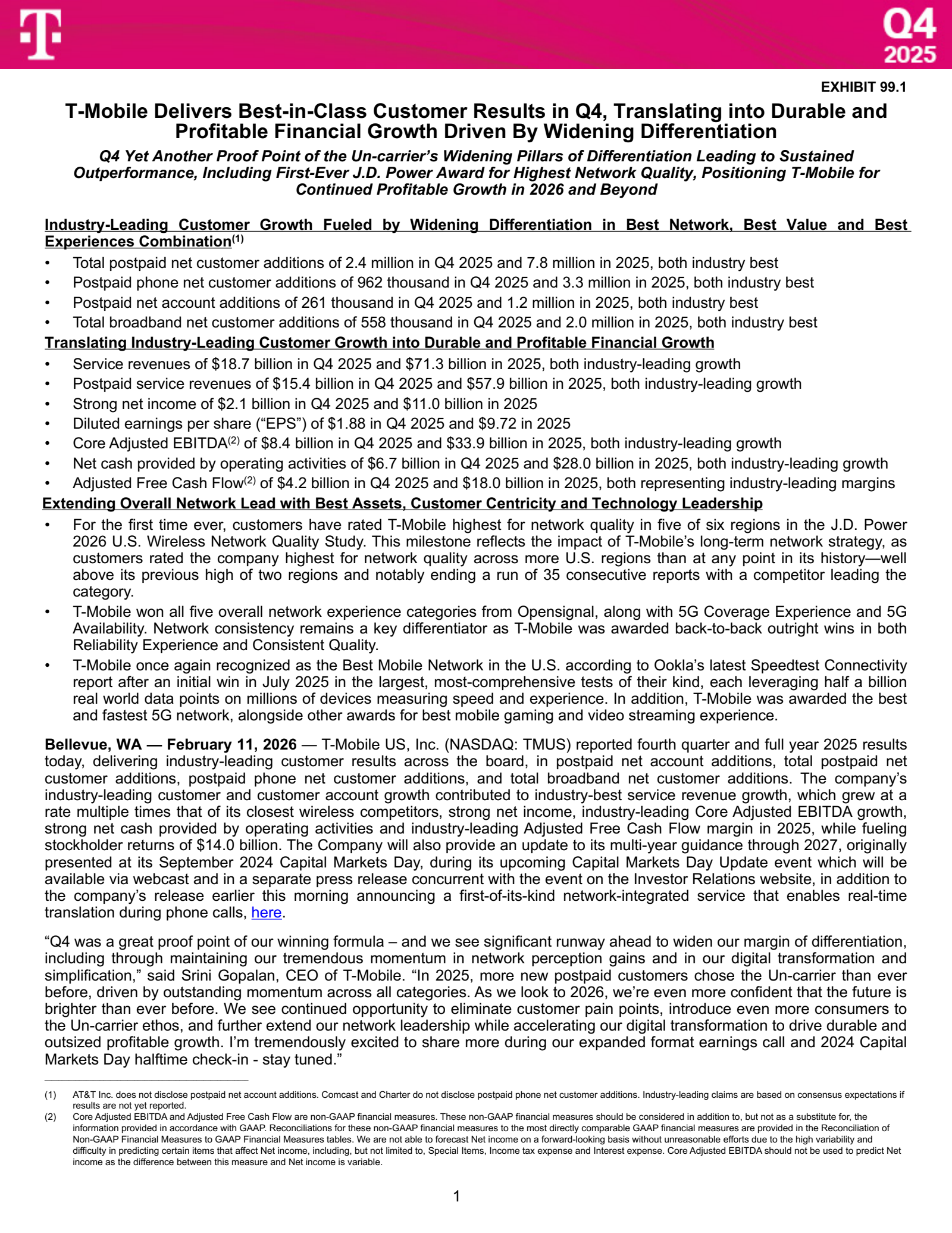 T-Mobile US's Q4 2025 Press Release