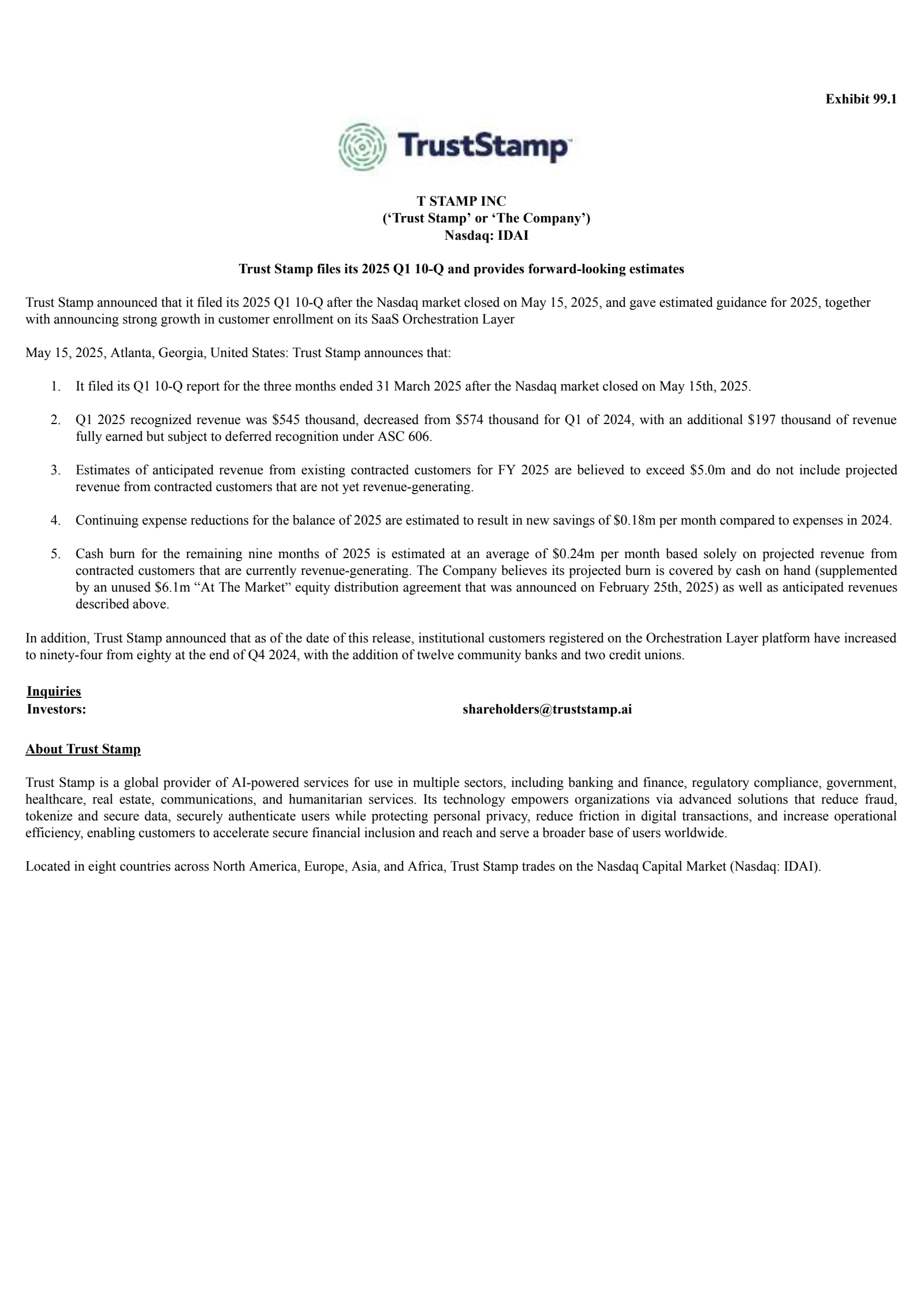 T Stamp's Q1 2025 Press Release