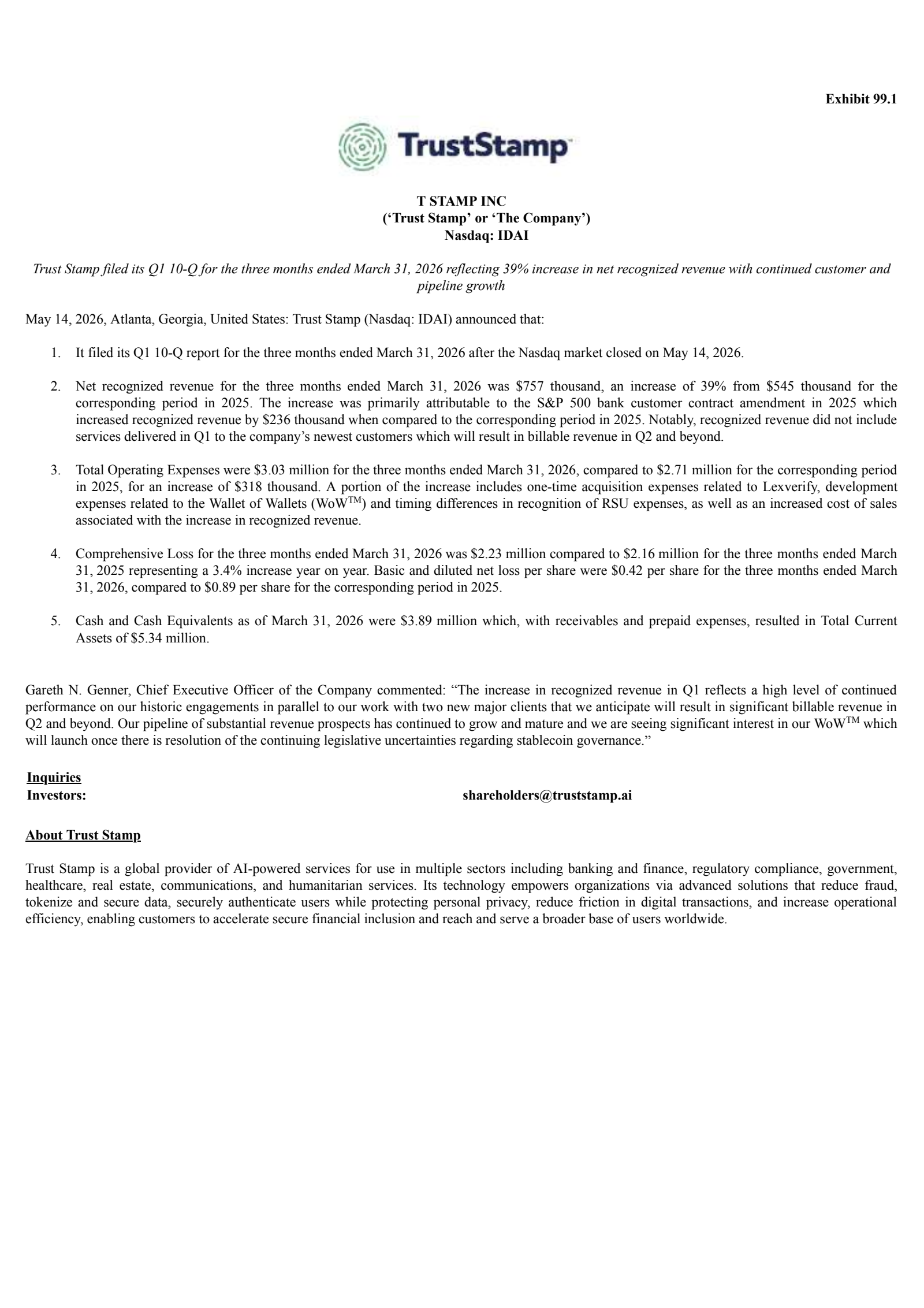 T Stamp's Q1 2026 Press Release