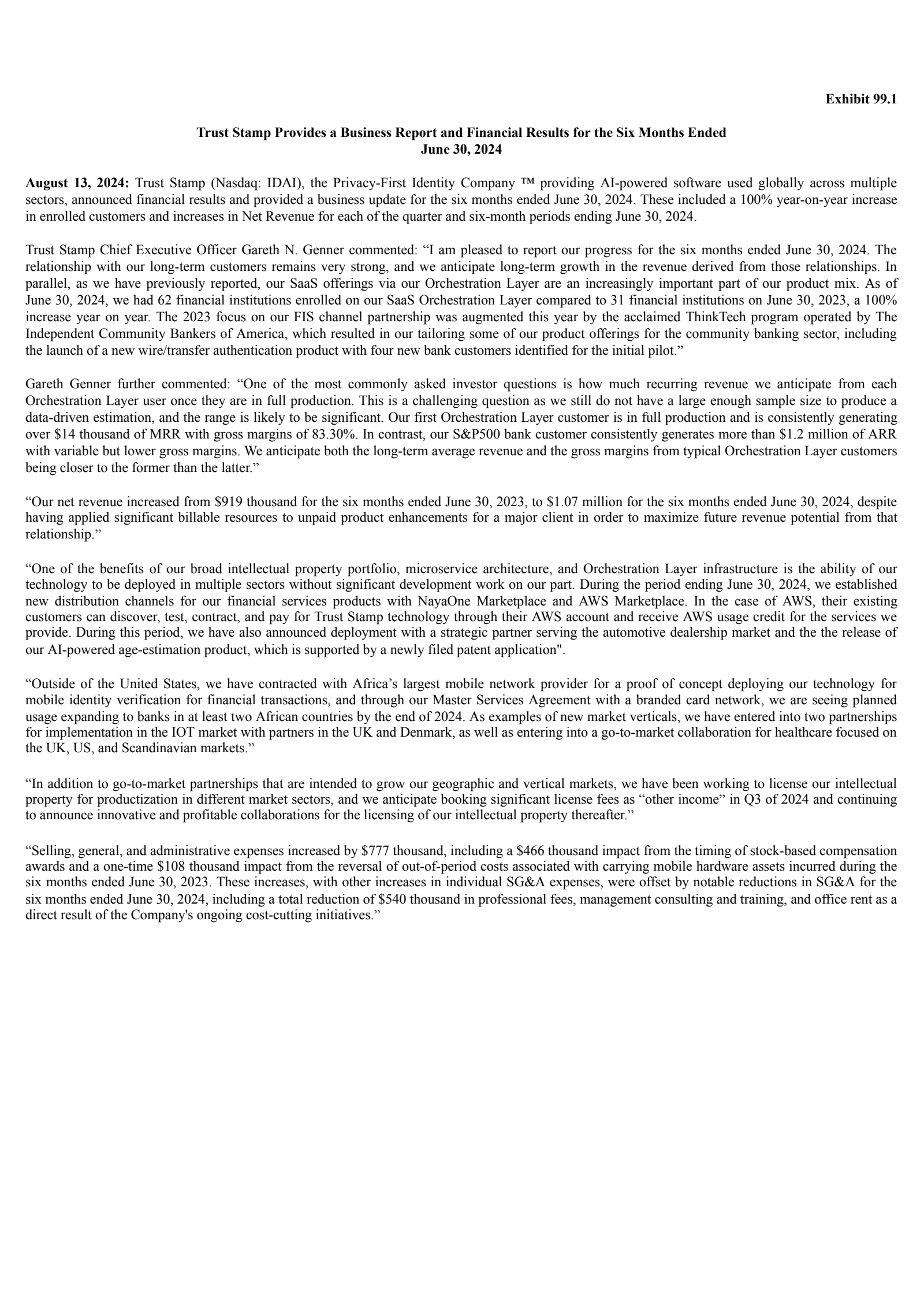 T Stamp's Q2 2024 Press Release