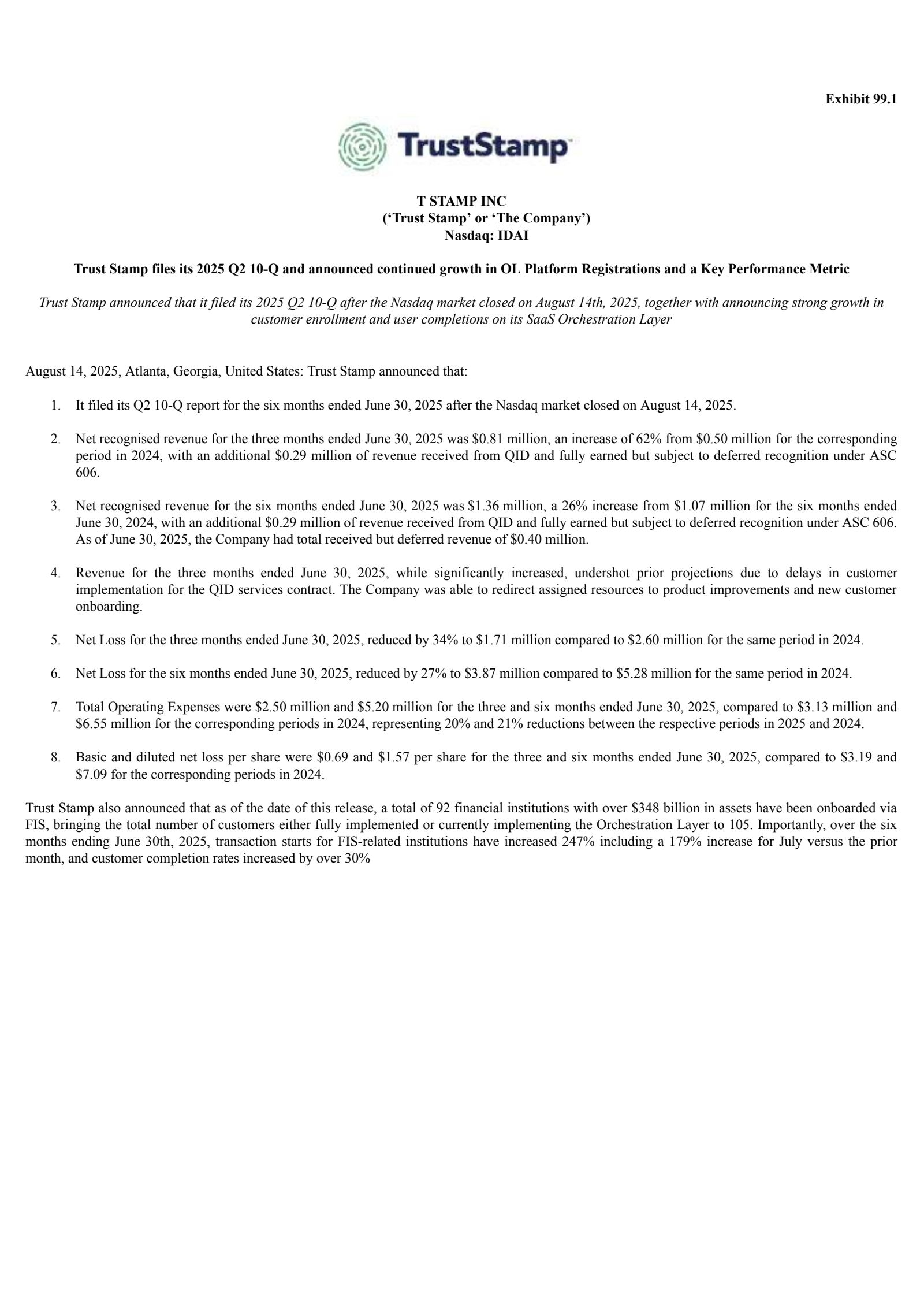 T Stamp's Q2 2025 Press Release