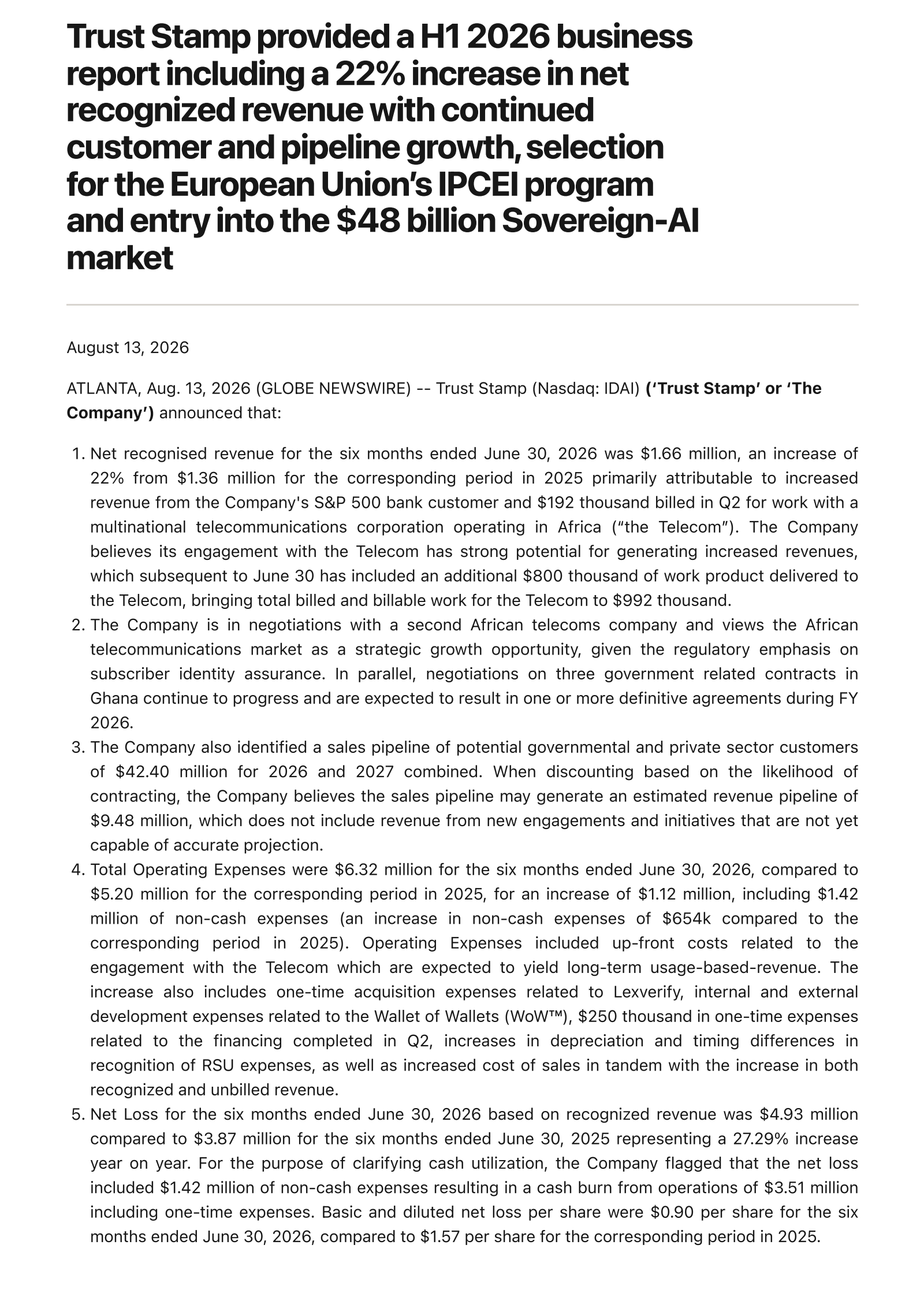 T Stamp's Q2 2026 Press Release