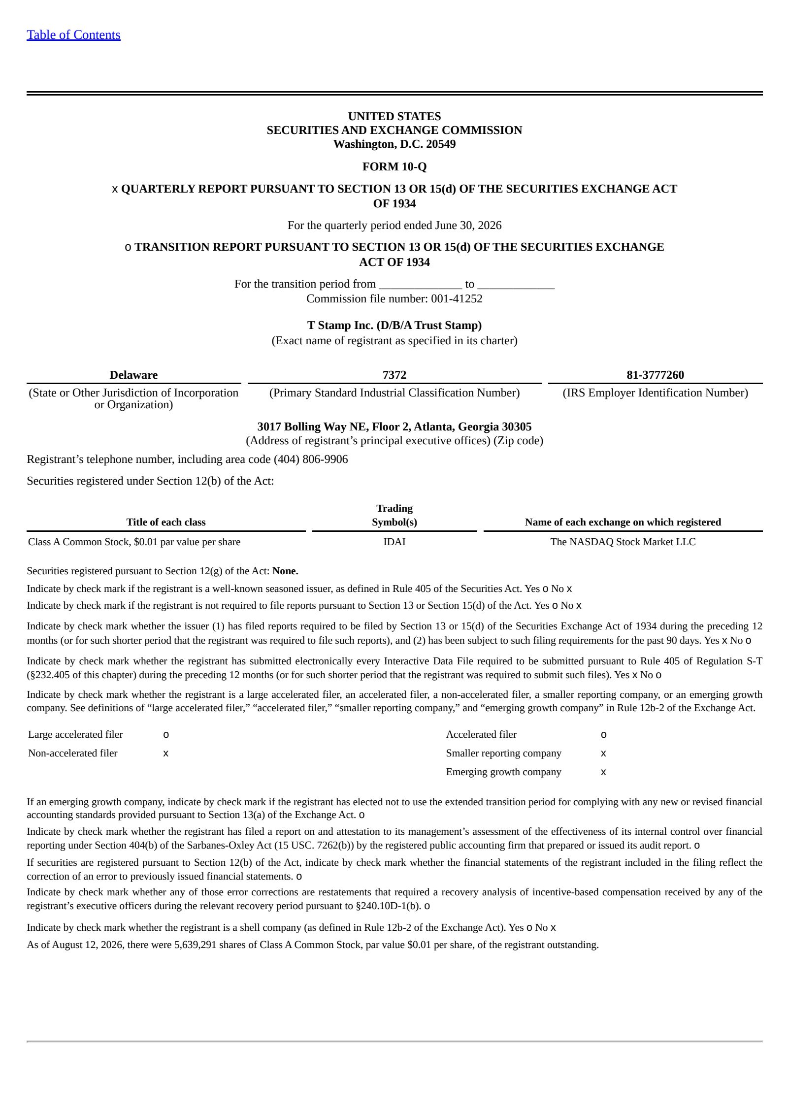 T Stamp's Q2 2026 Quarterly report