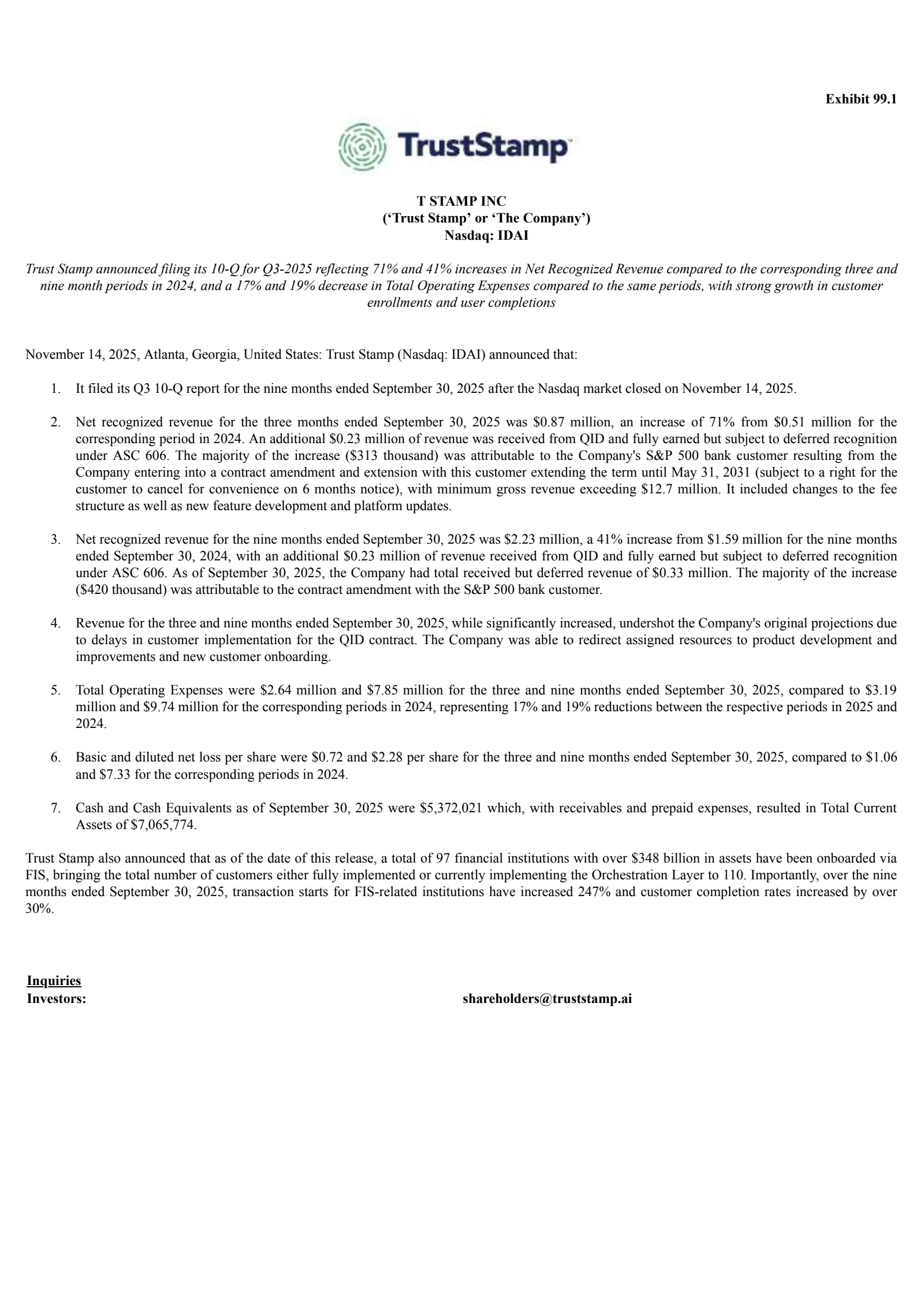 T Stamp's Q3 2025 Press Release