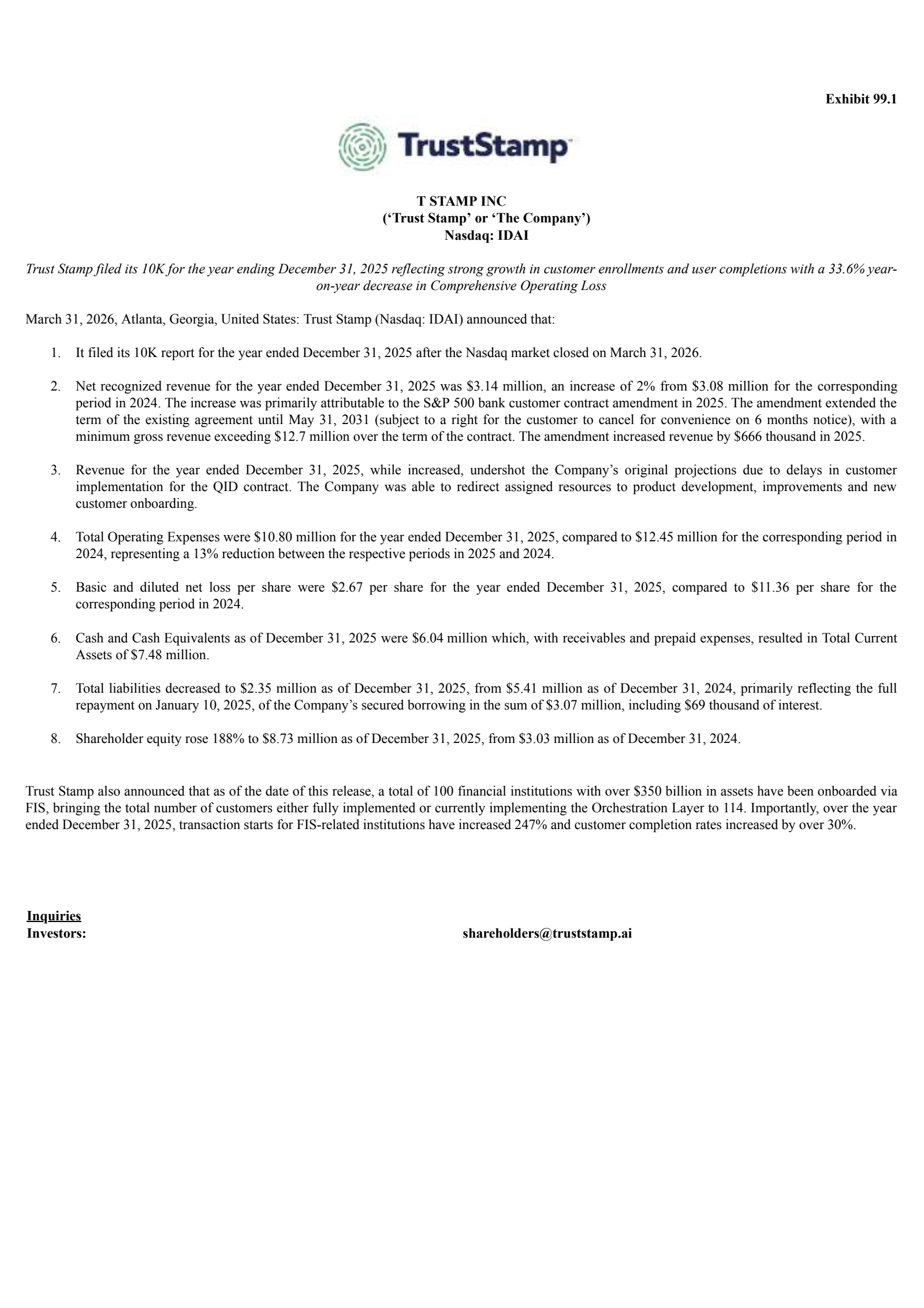 T Stamp's Q4 2025 Press Release