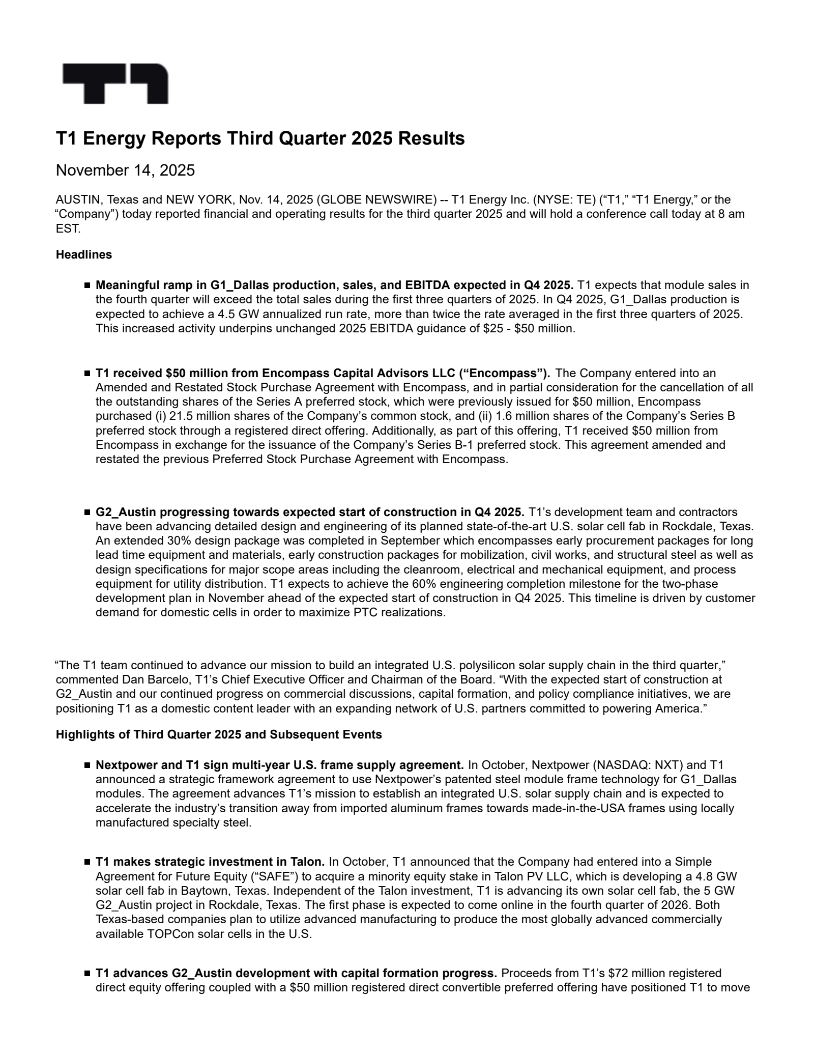 FREYR Battery's Q3 2025 Earnings Release