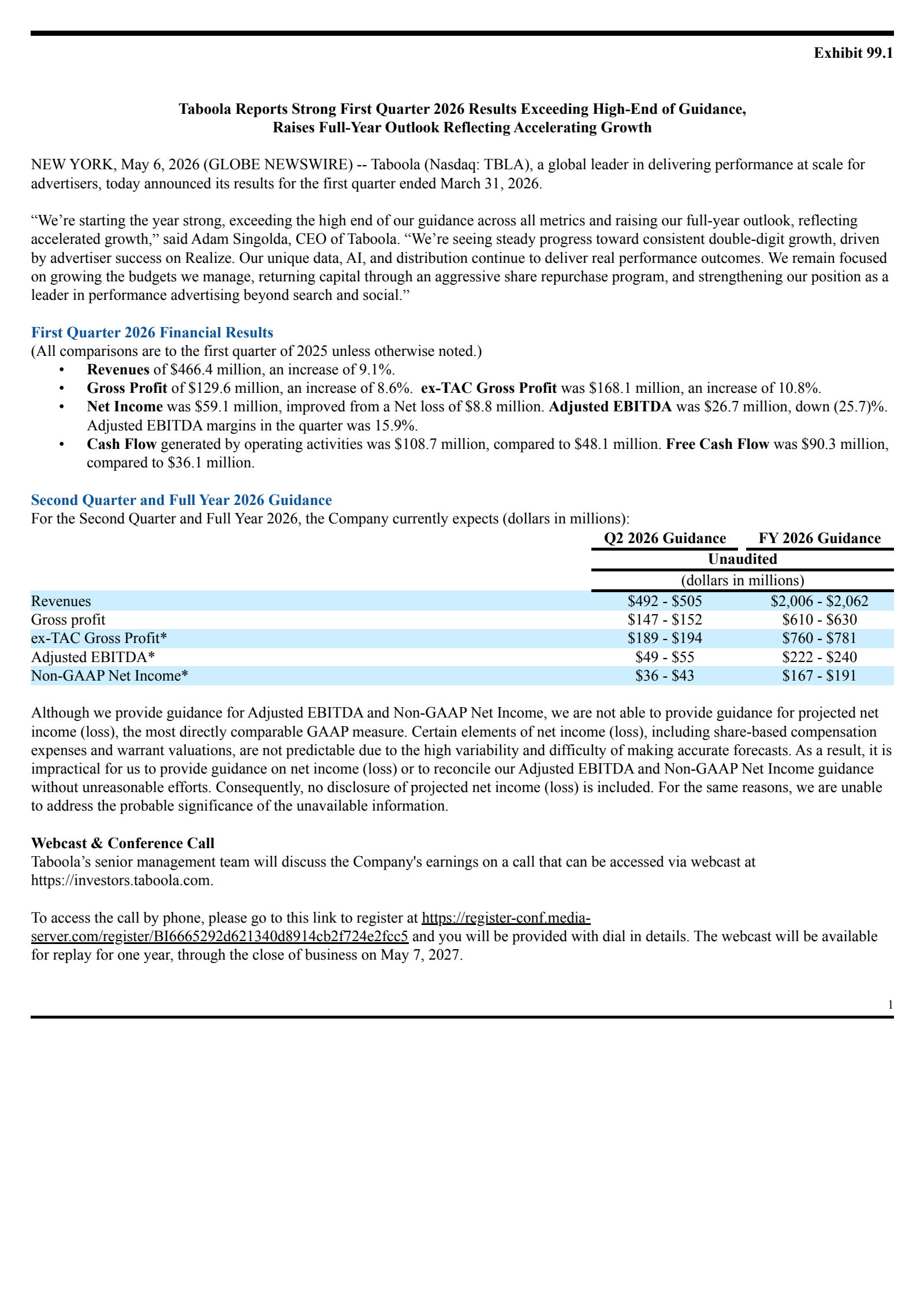 Taboola.com's Q1 2026 Press Release