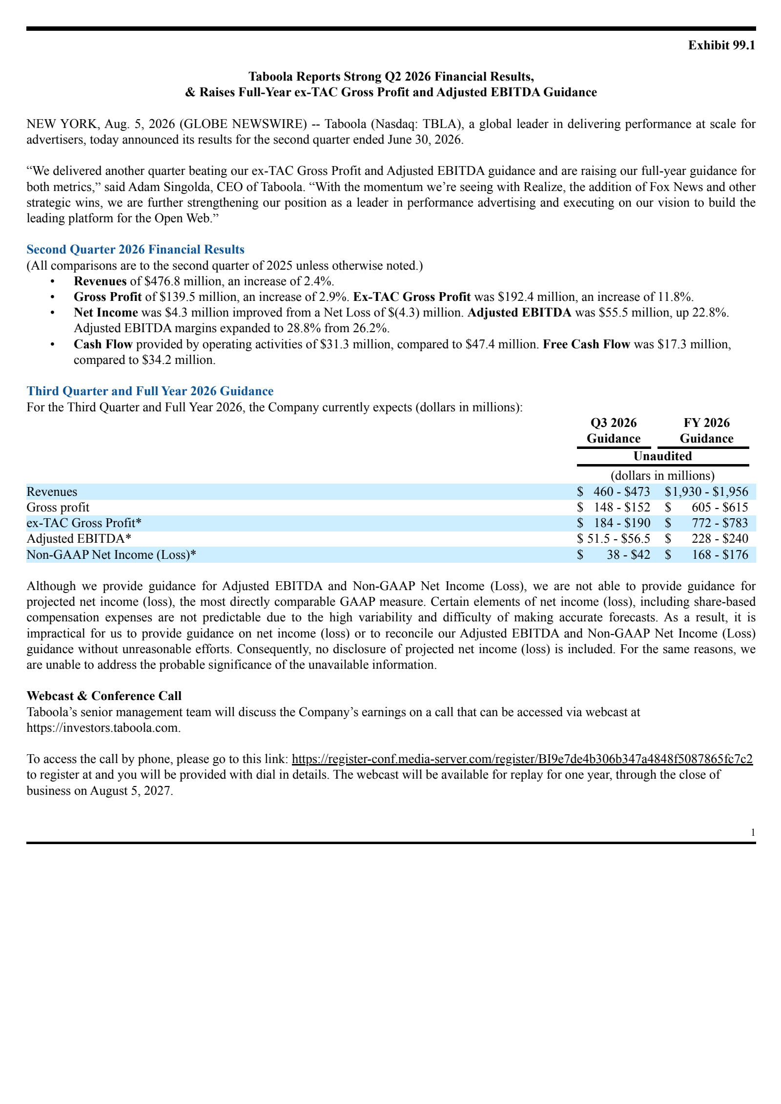 Taboola.com's Q2 2026 Press Release