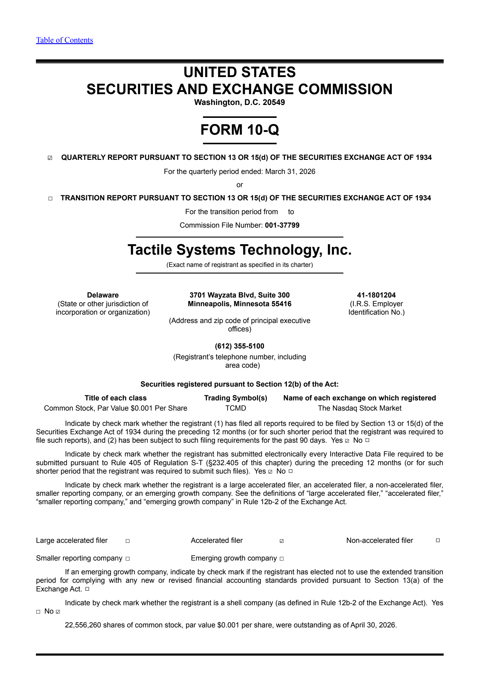 Tactile Systems Technology's Q1 2026 Quarterly report