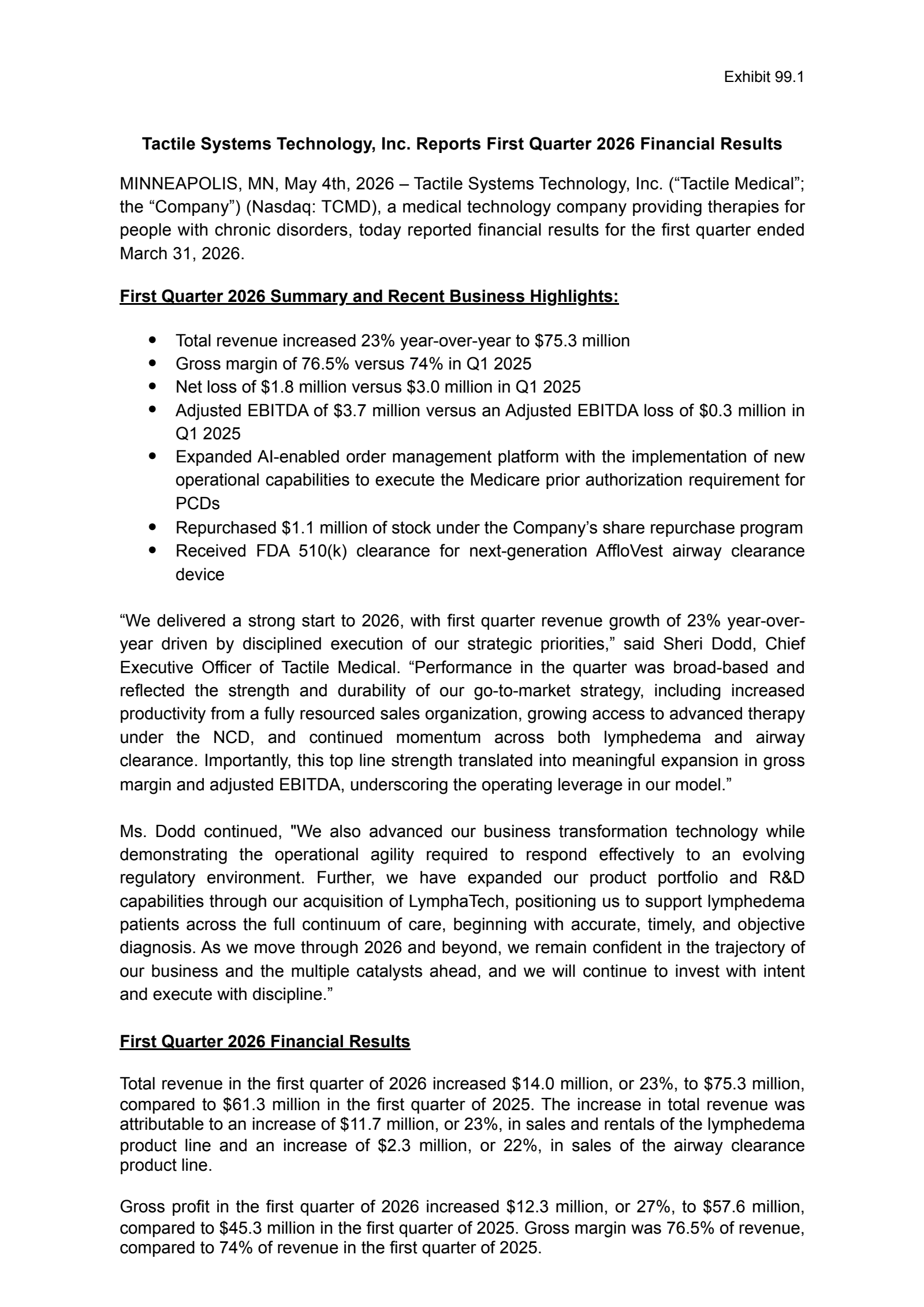 Tactile Systems Technology's Q1 2026 Press Release