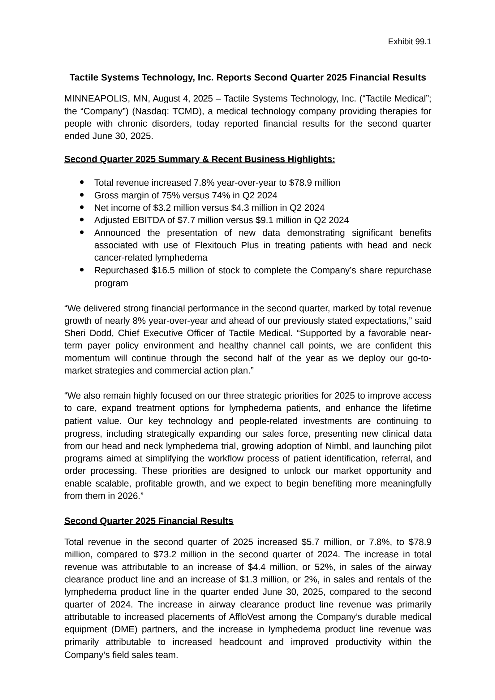 Tactile Systems Technology's Q2 2025 Press Release