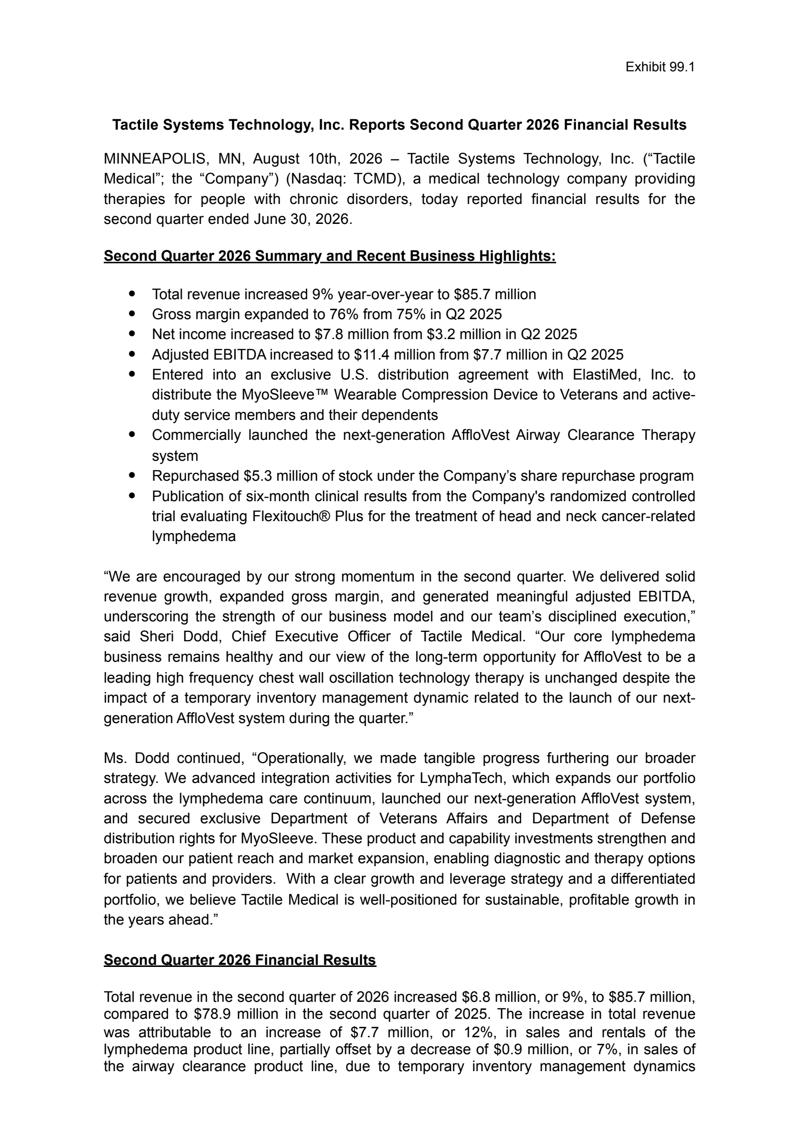 Tactile Systems Technology's Q2 2026 Press Release