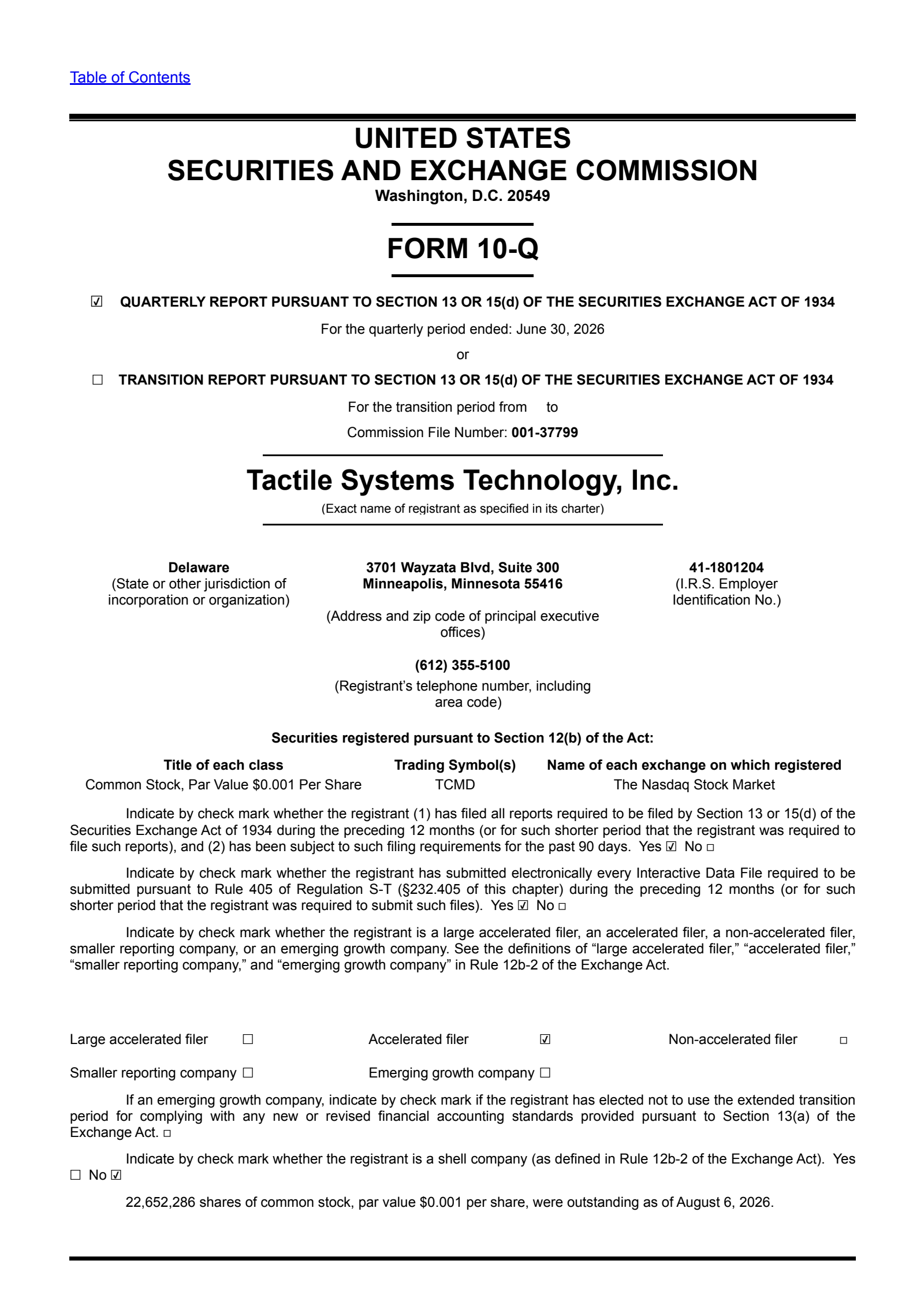 Tactile Systems Technology's Q2 2026 Quarterly report